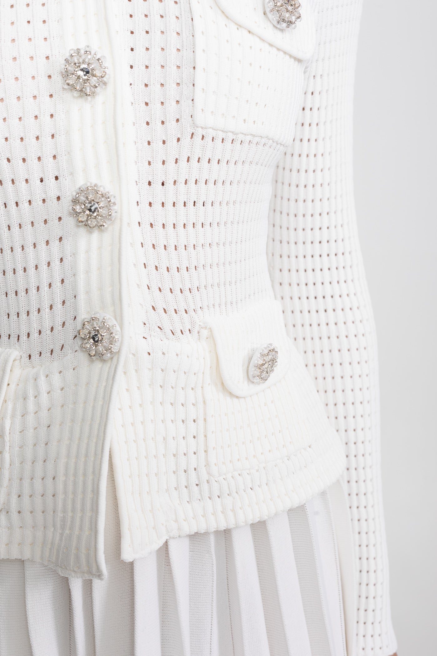 Open-Knit Dress with Pleated Midi Skirt - White