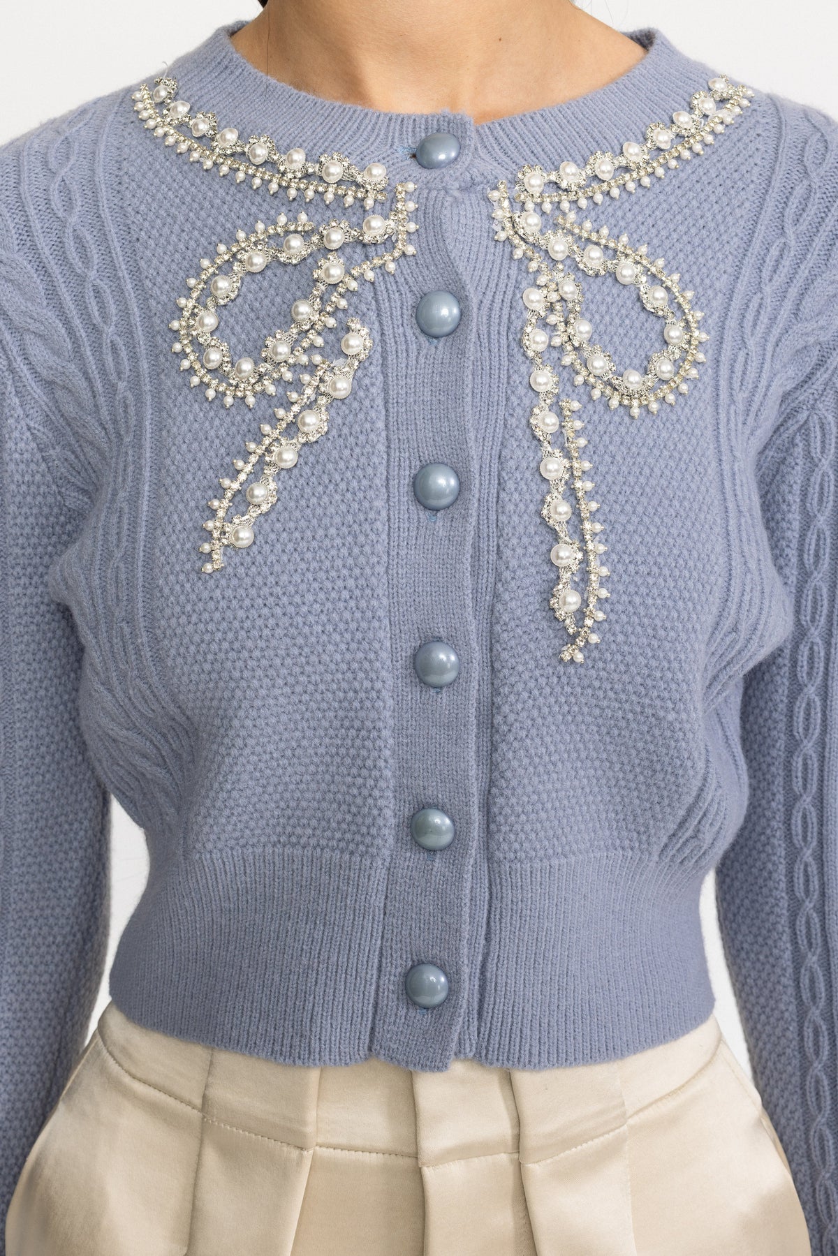 Ottilie Blue Pearl Bow Embellished Cable Knit Cardigan