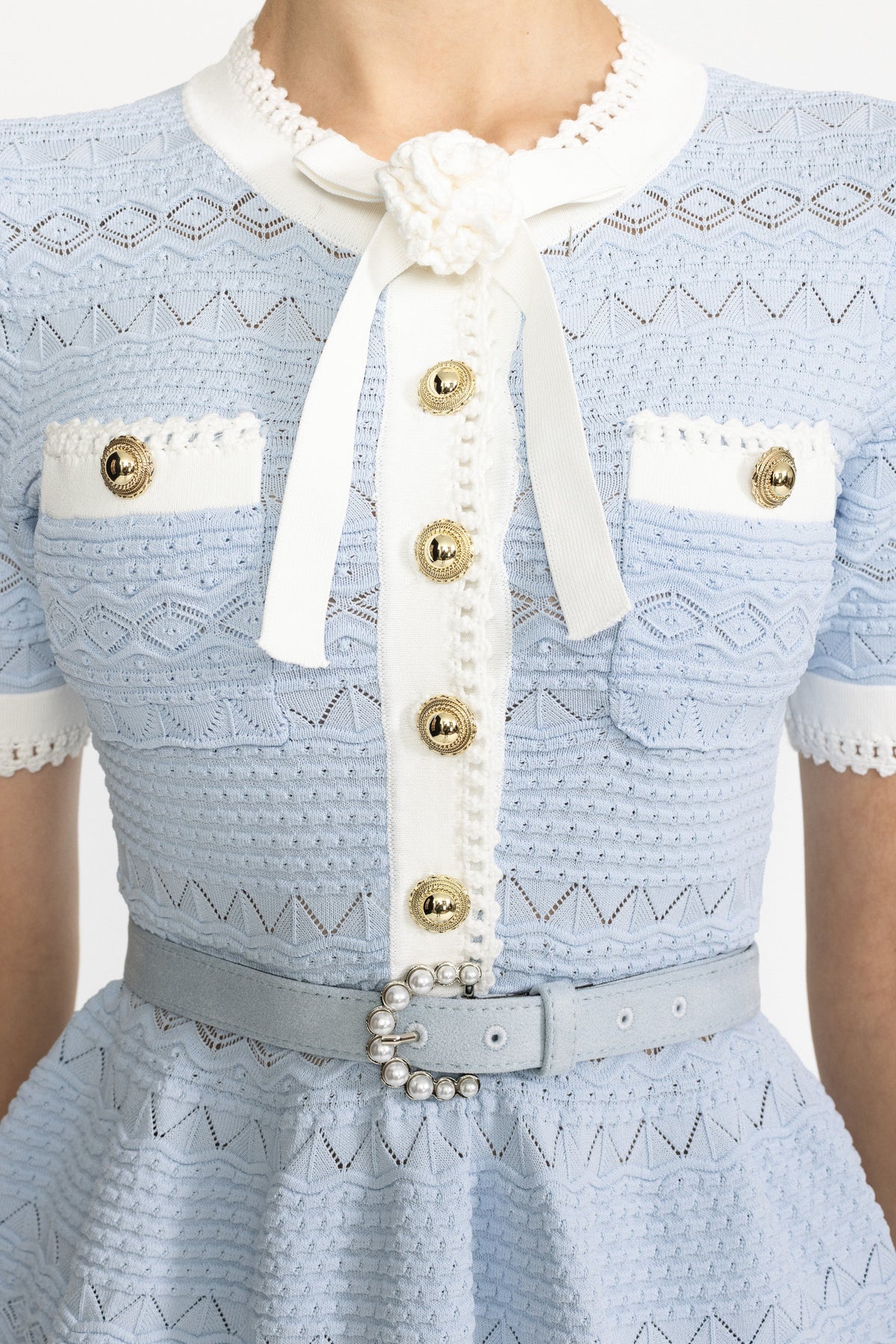 Aimée Light Blue Pointelle Knit Bow Peplum Top