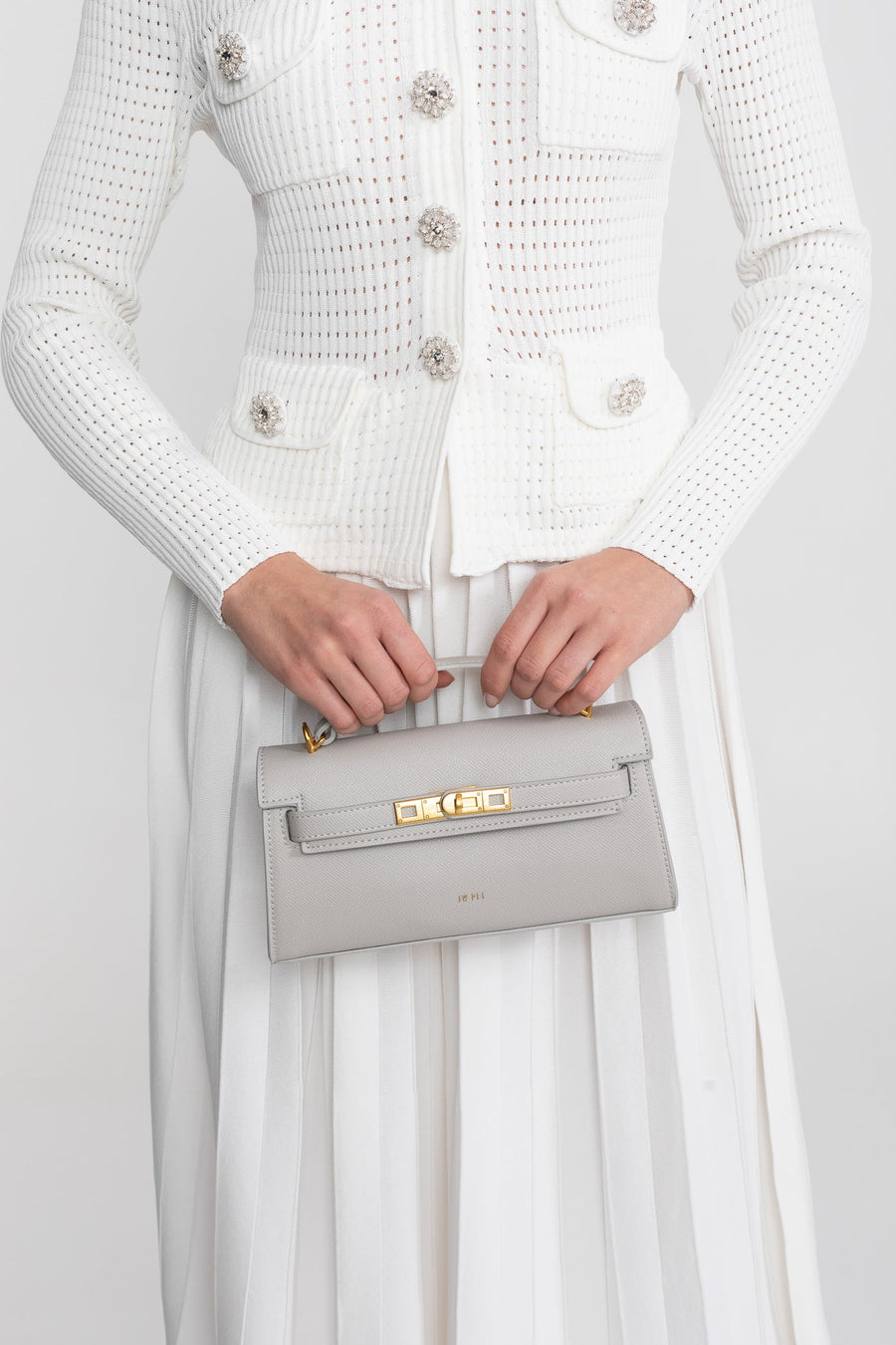 Structured Kelly-Style Mini Bag With Gold-Tone Hardware - Light Gray