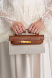 Structured Kelly-Style Mini Bag With Gold-Tone Hardware - Brown/Gray