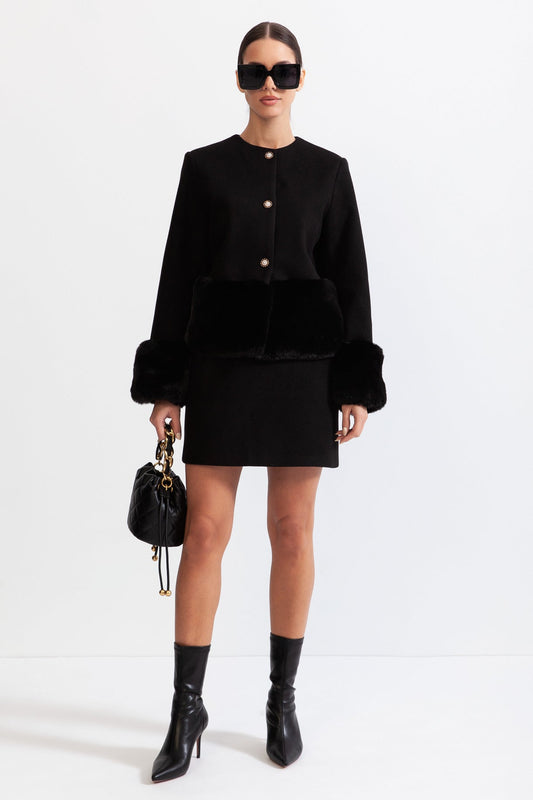 CORDELLA Faux fur Co-Ord with jacket and skirt - Black