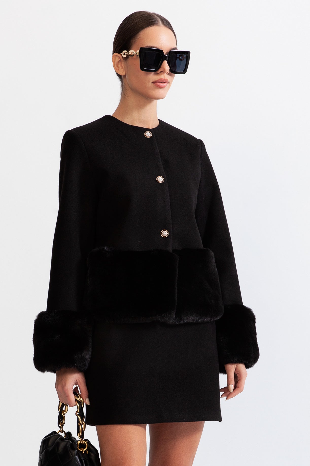 CORDELLA Faux fur Co-Ord with jacket and skirt - Black