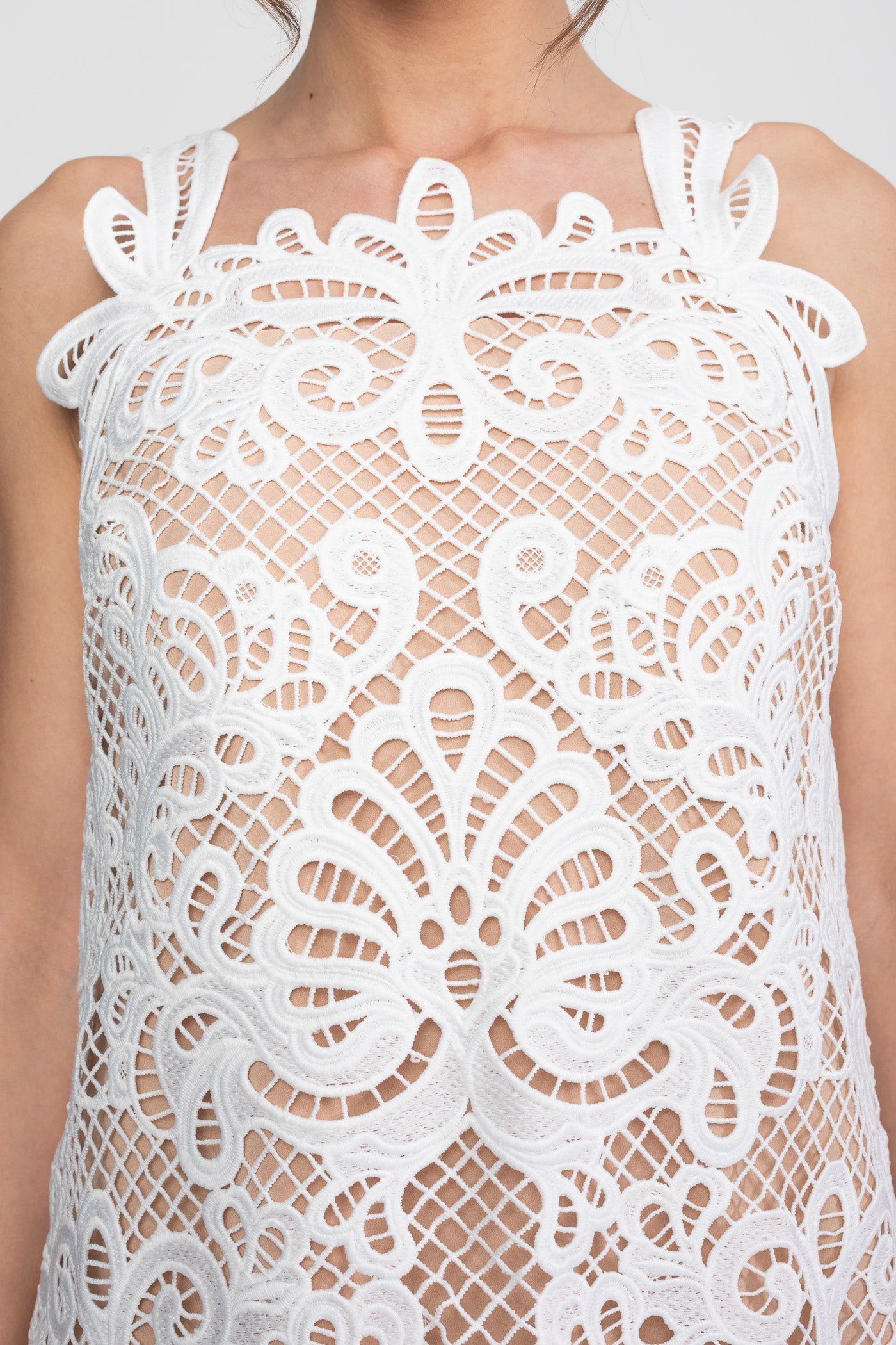 Guipure Lace Sleeveless Mini Dress With Scallop Hem - White