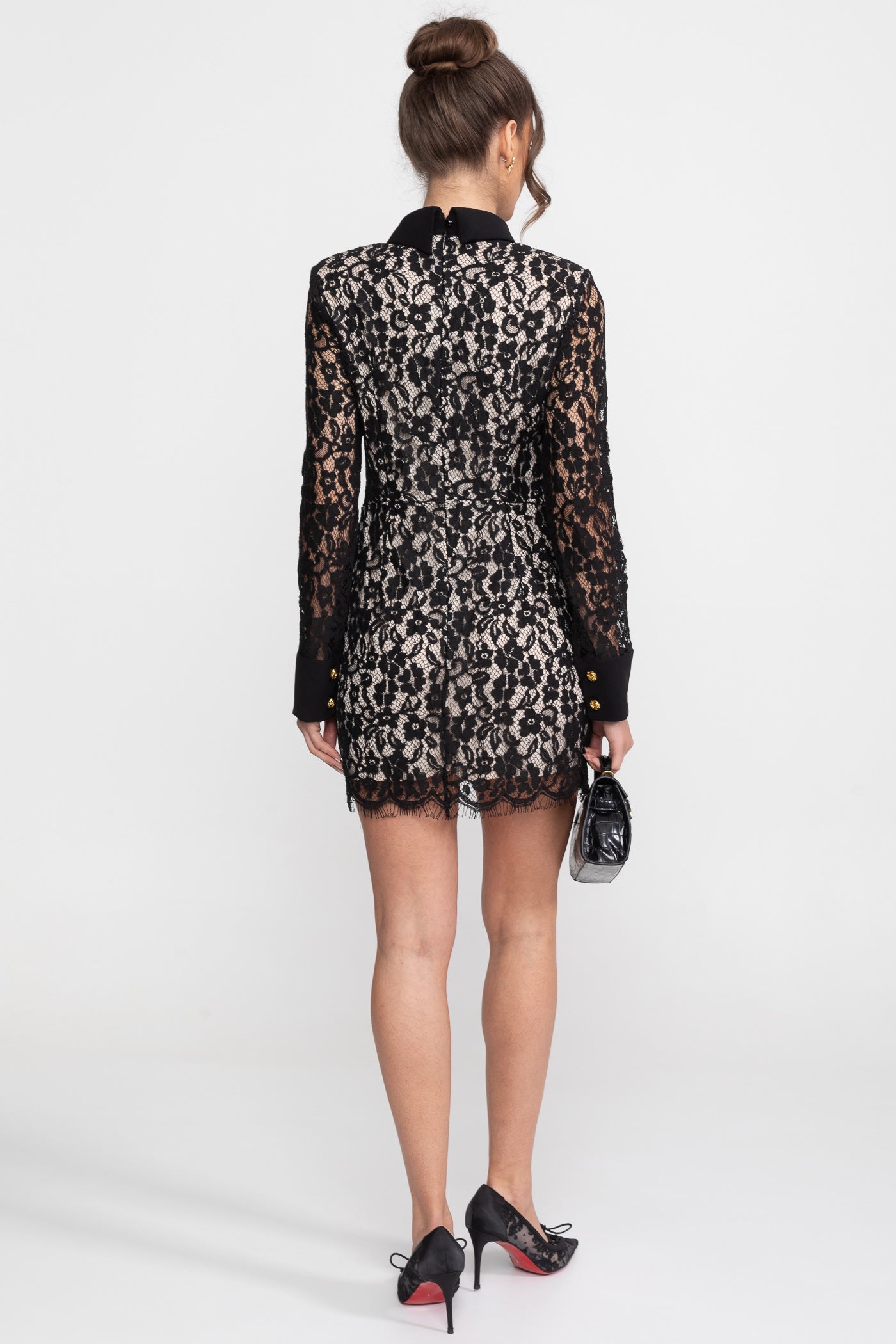 Long Sleeved Lace Mini Dress With Scallop Hem - Black
