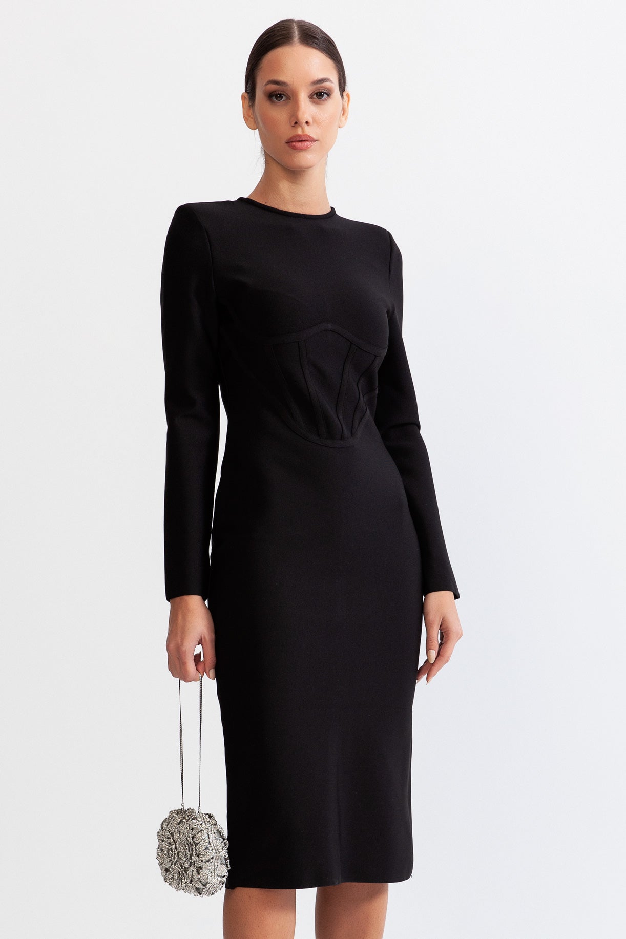 AMARINA Hourglass Midi Dress with Corset - Black