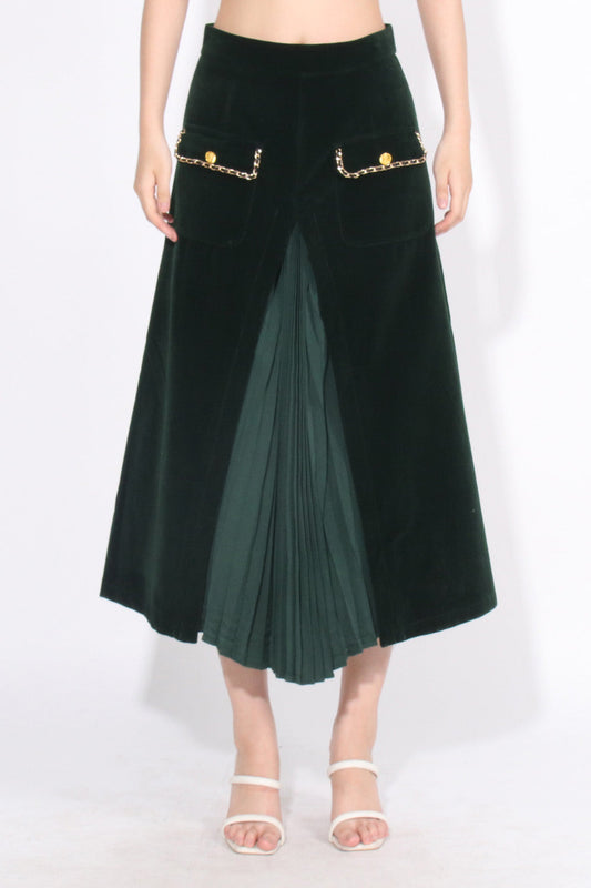 High Waisted Velvet Midi Skirt - Dark Green