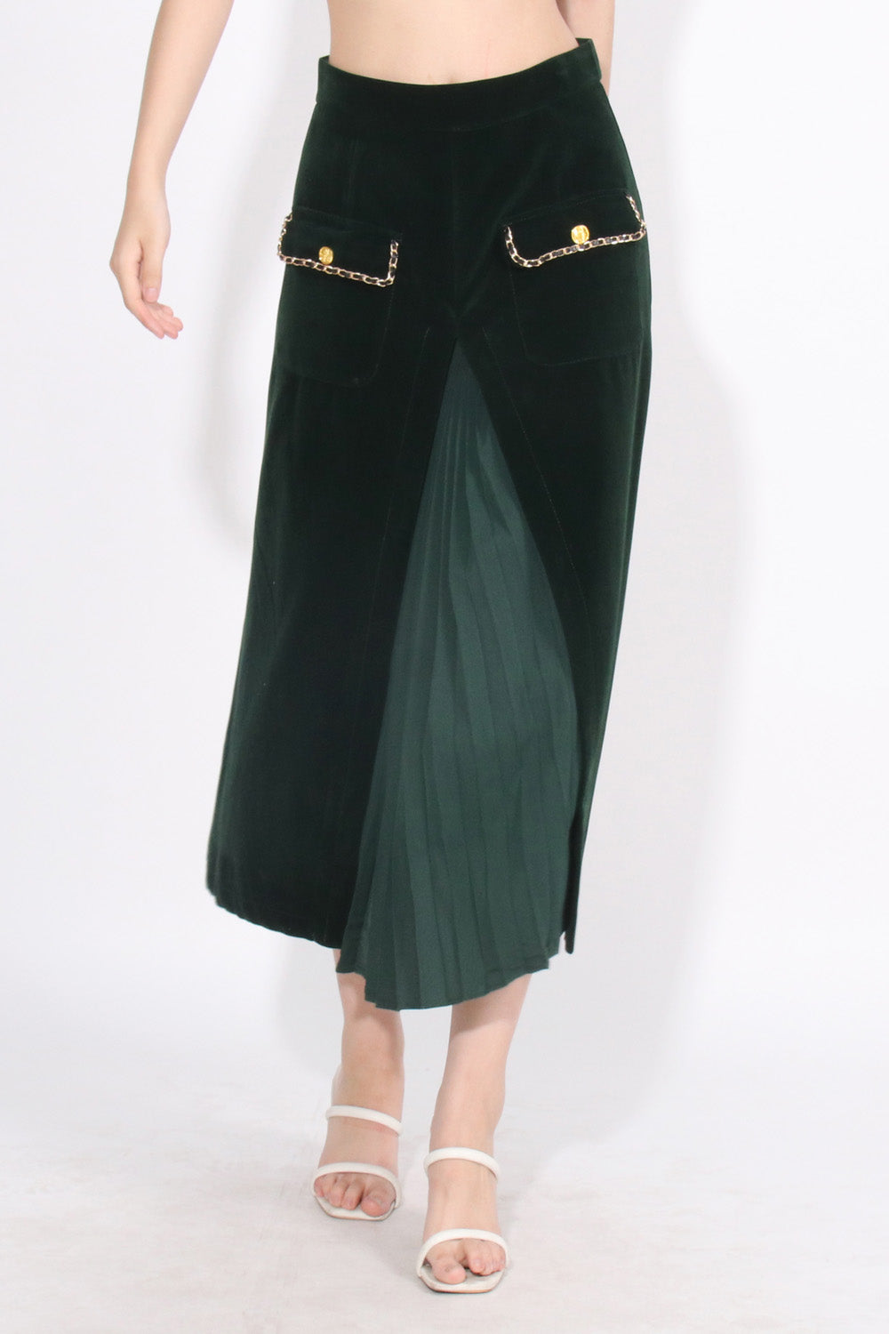 High Waisted Velvet Midi Skirt - Dark Green