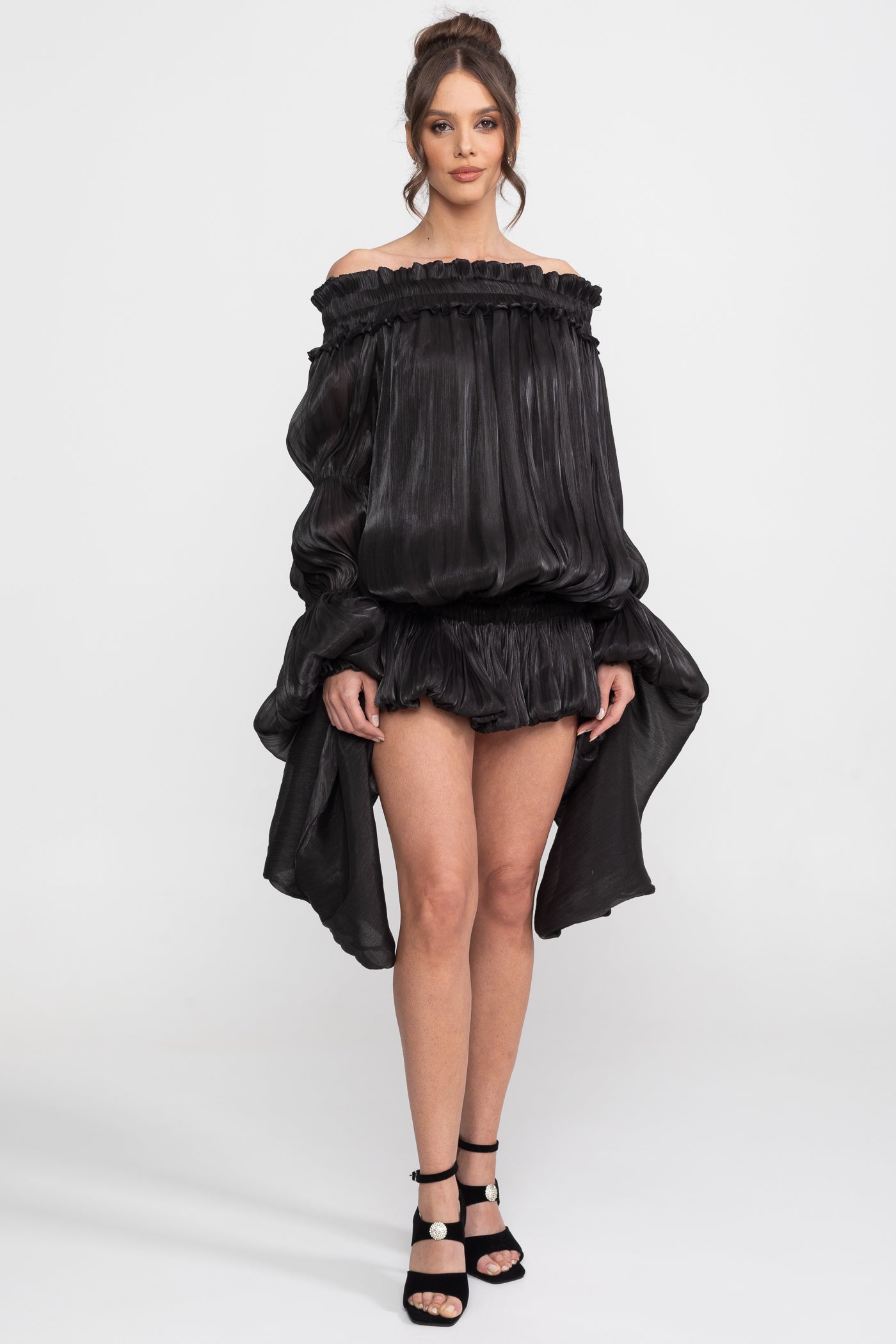 Off-Shoulder Ruffle Mini Dress With Draped Sleeves - Black