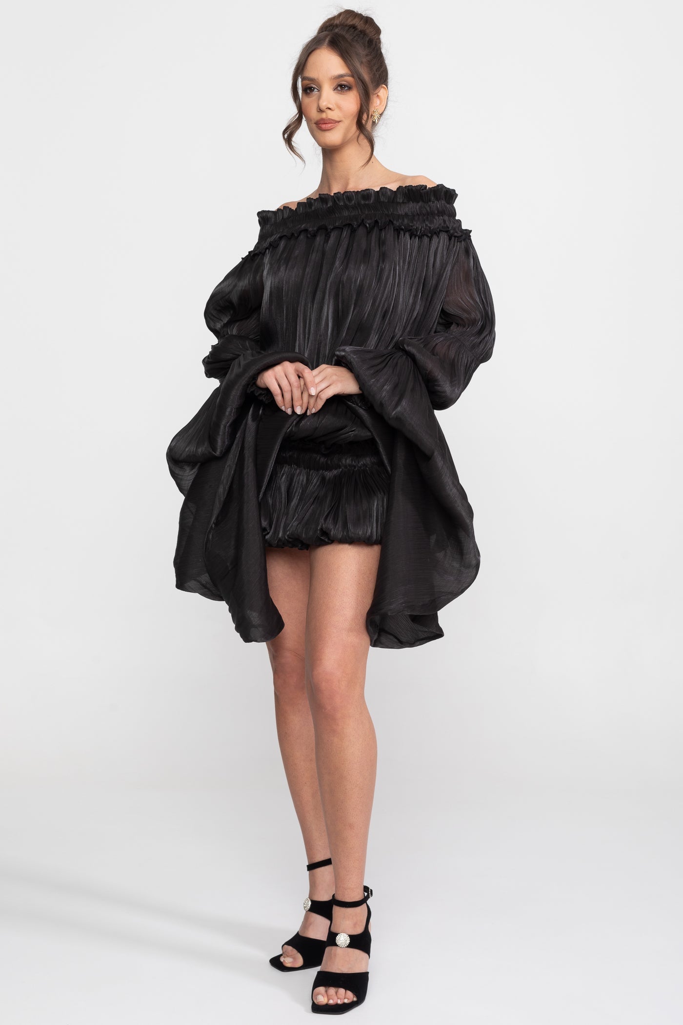 Off-Shoulder Ruffle Mini Dress With Draped Sleeves - Black