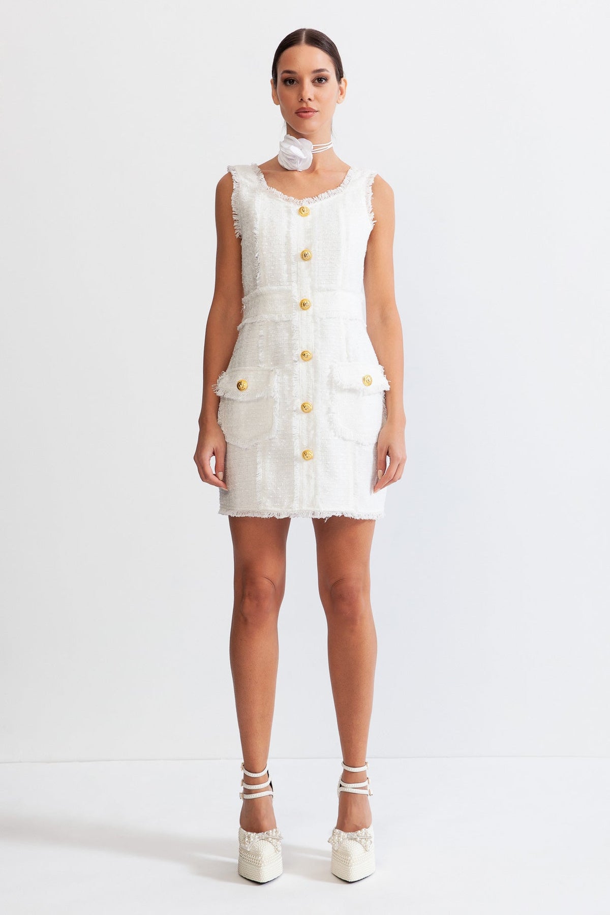 MONA Sleeveless Tweed Mini dress with gold buttons