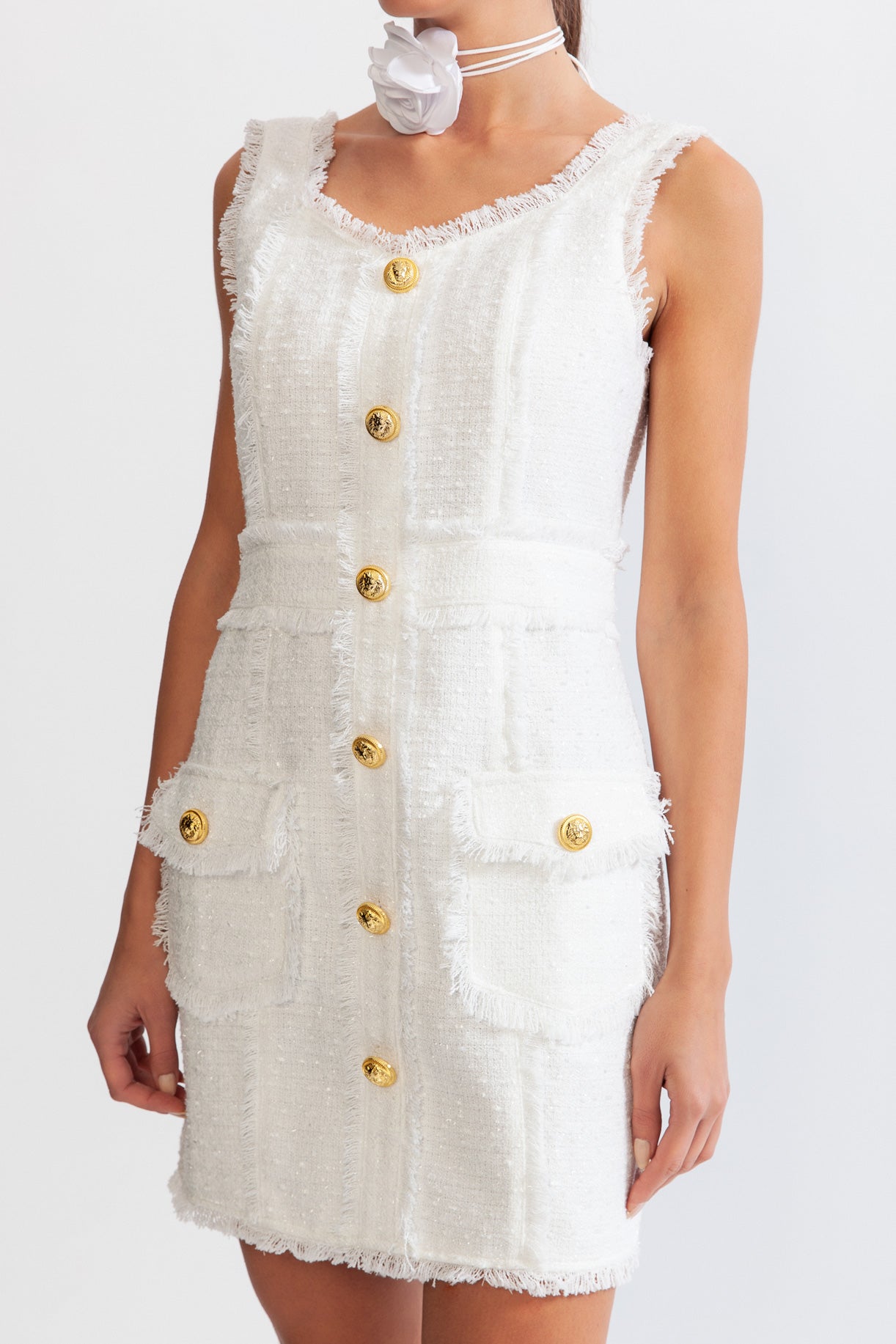 MONA Sleeveless Tweed Mini dress with gold buttons - White