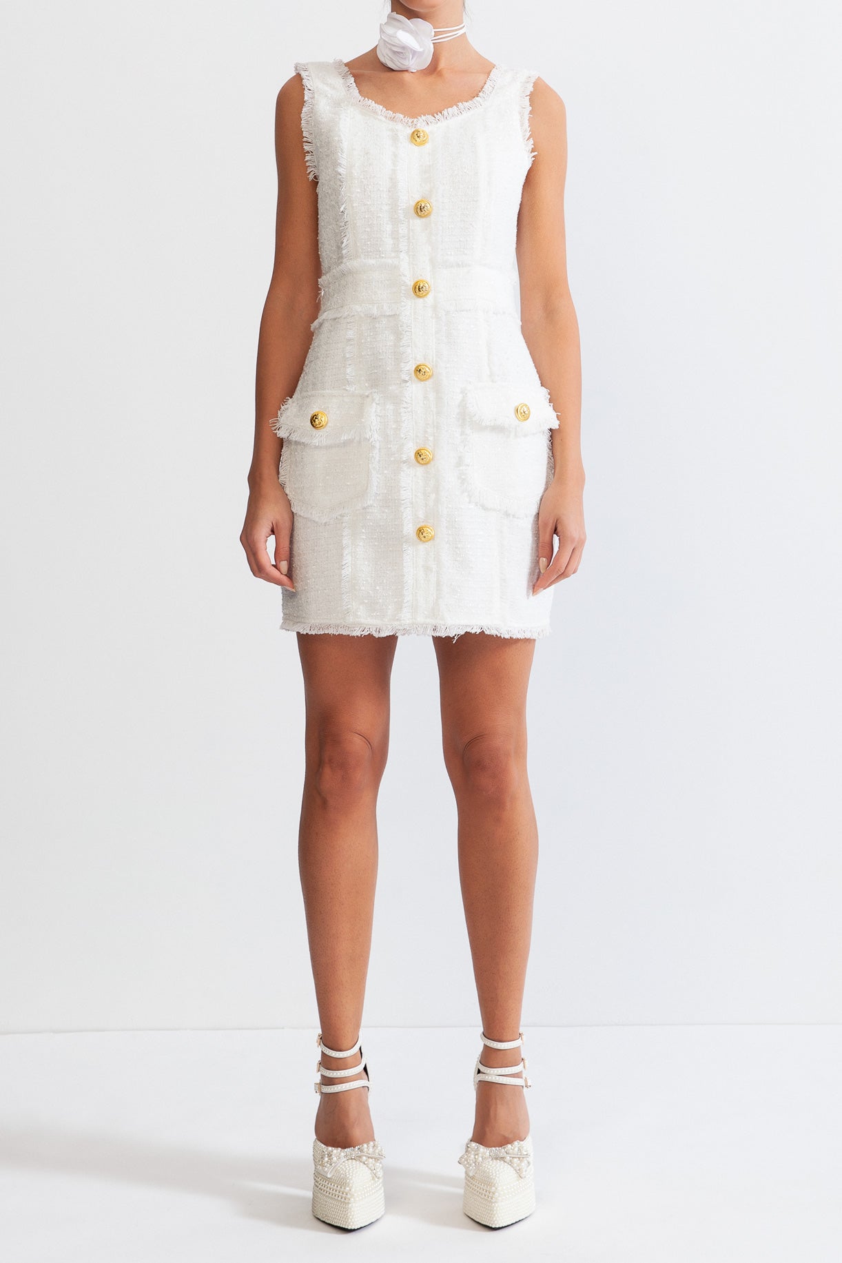 MONA Sleeveless Tweed Mini dress with gold buttons - White