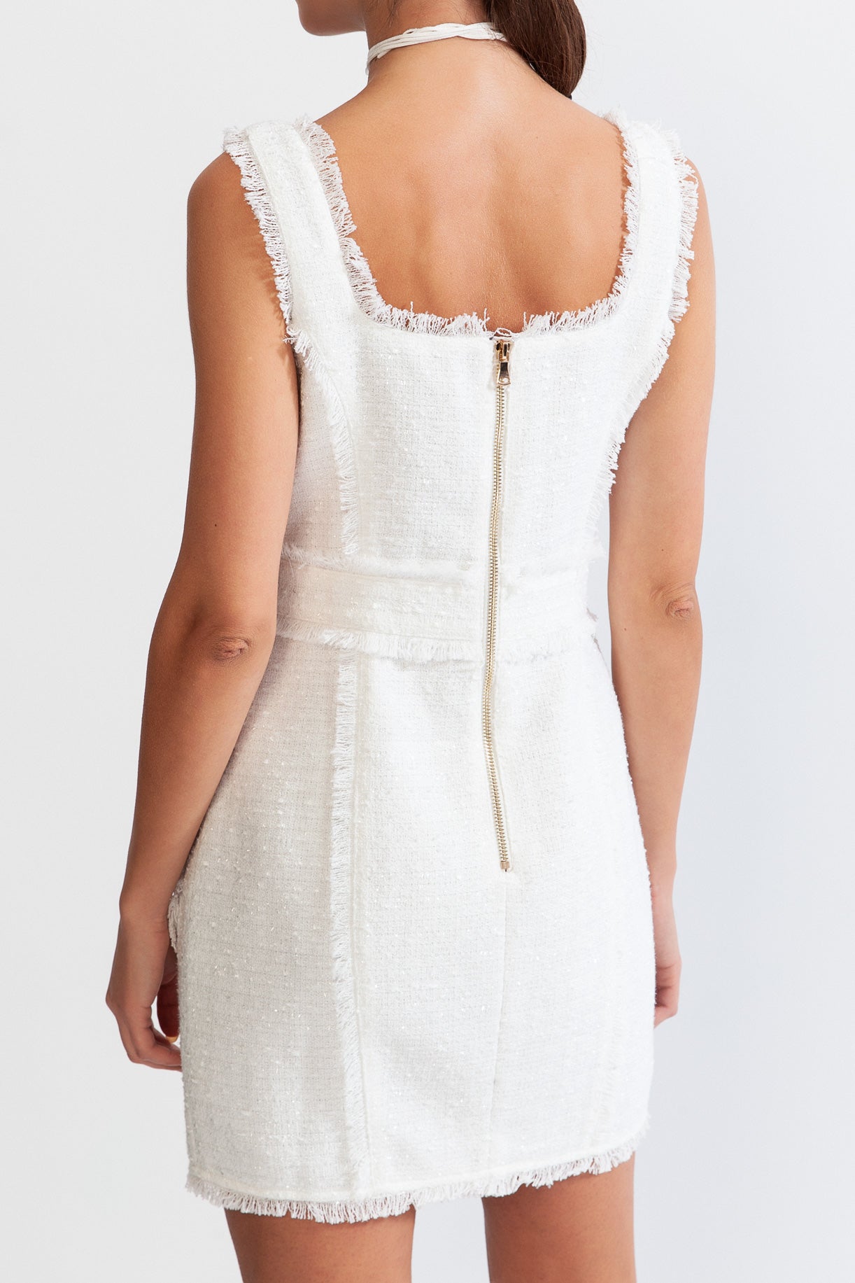 MONA Sleeveless Tweed Mini dress with gold buttons - White