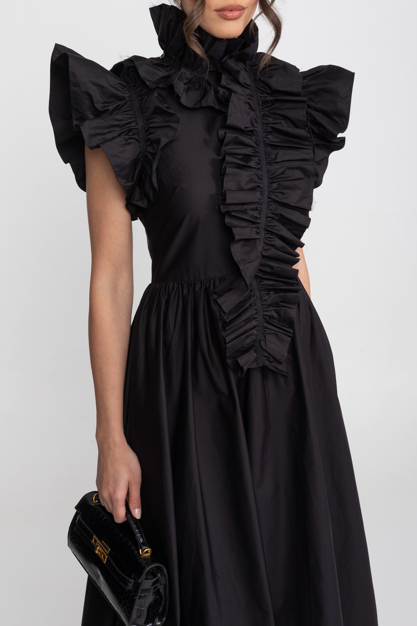 High-Neck Maxi Dress With Dramatic Ruffle Bib Front - Black