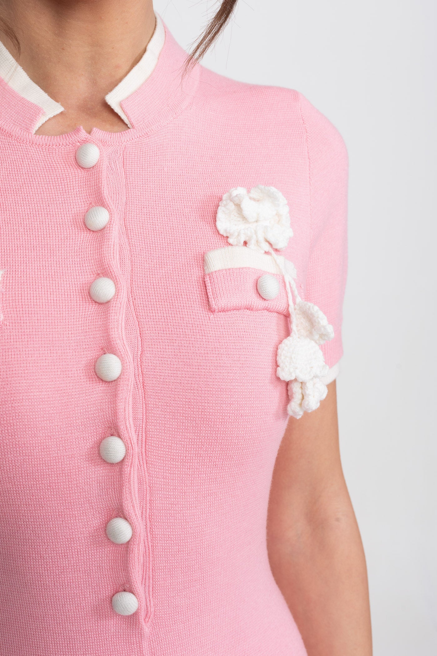 Ribbed Knit Midi Dress With Contrast Trim And Decorative Pockets - Pink