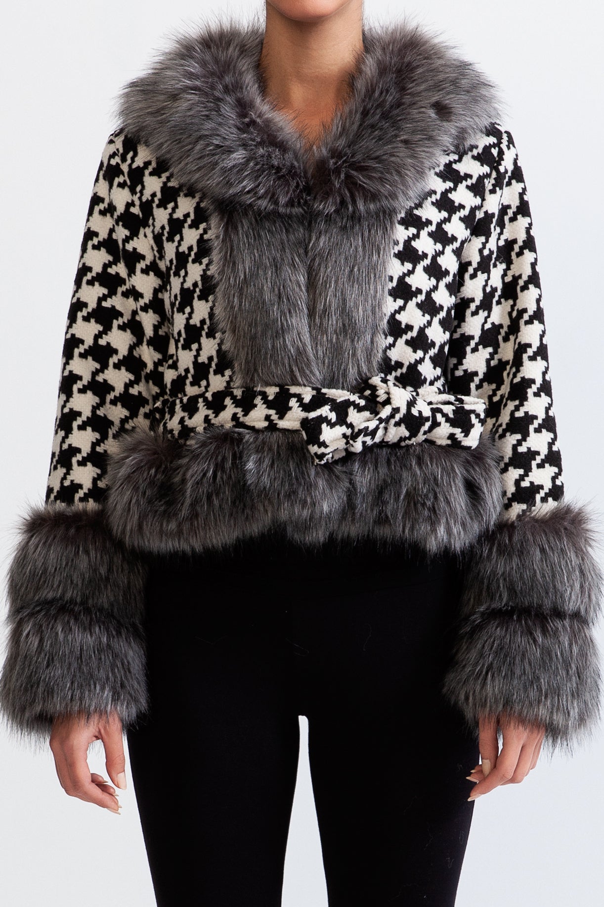 ARIA Houndstooth Wool Belted Coat with Fur