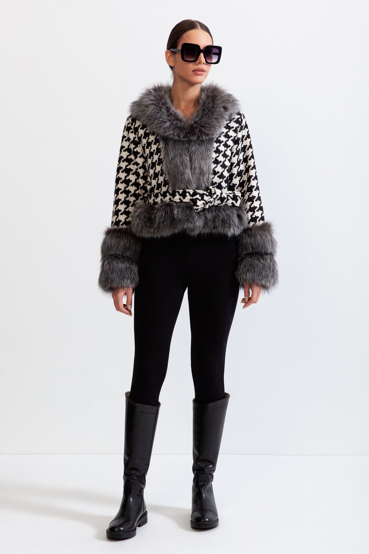 ARIA Houndstooth Wool Belted Coat with Fur