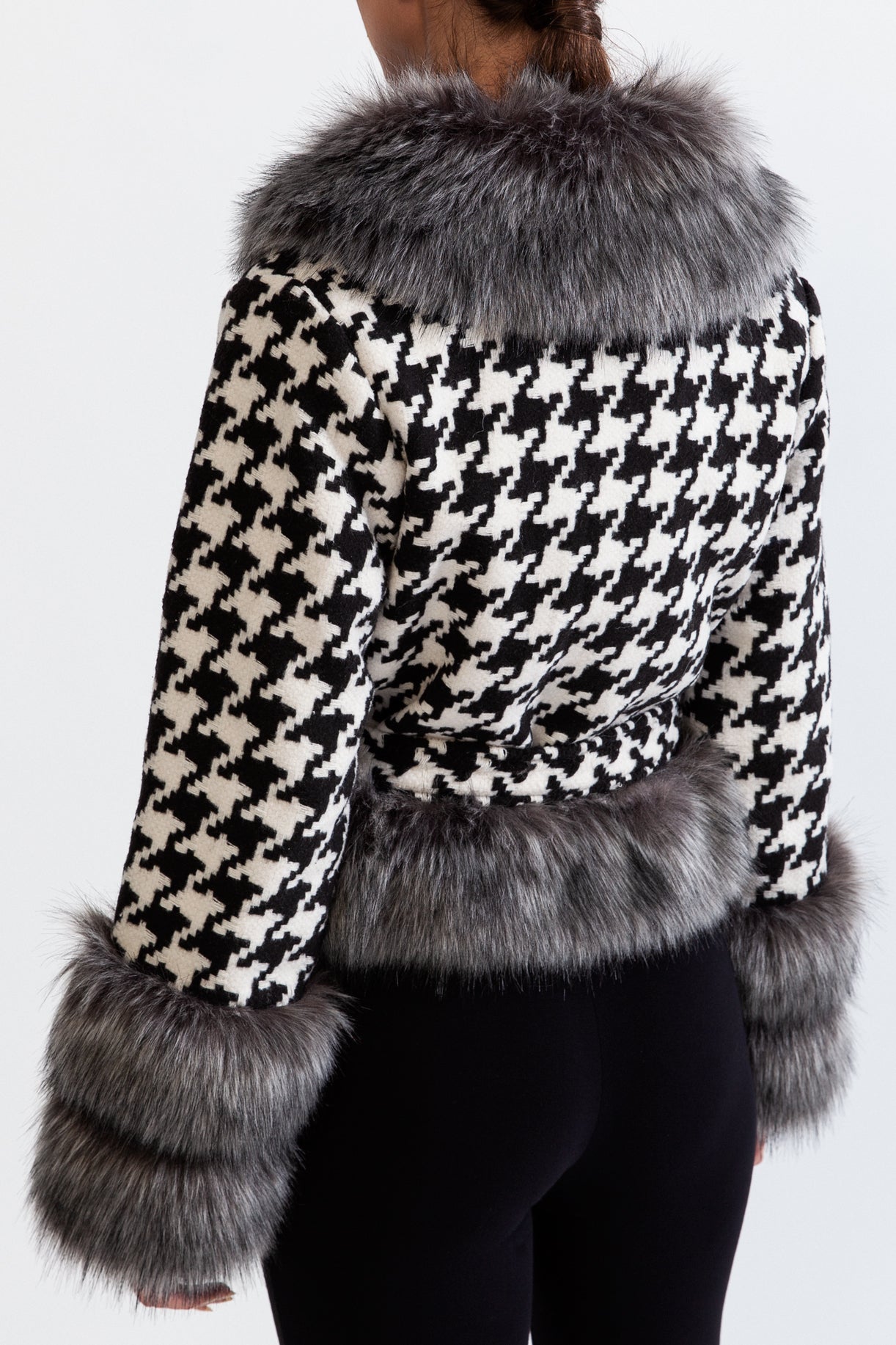 ARIA Houndstooth Wool Belted Coat with Fur