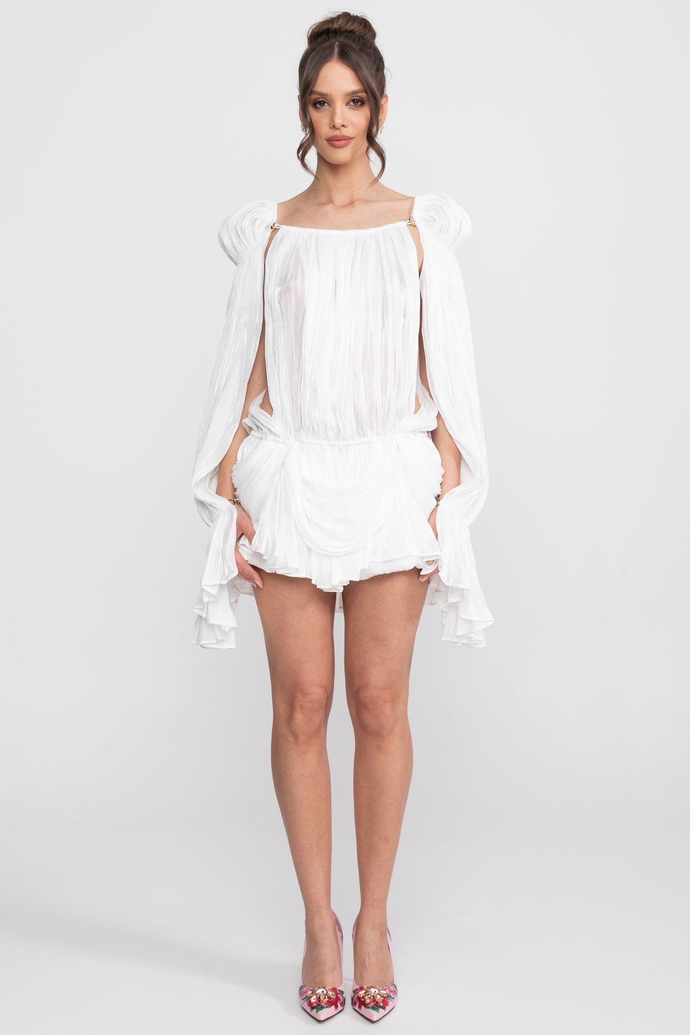 Sheer Draped Mini Dress With Cape Sleeves And Gold Clip Detail - White