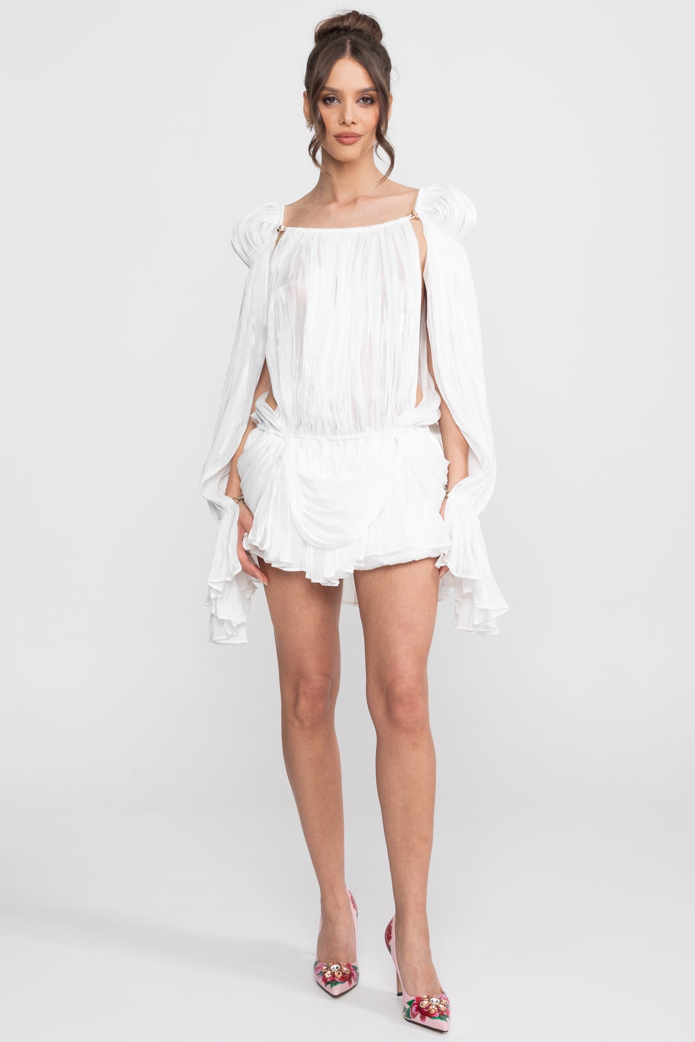 Sheer Draped Mini Dress With Cape Sleeves And Gold Clip Detail - White