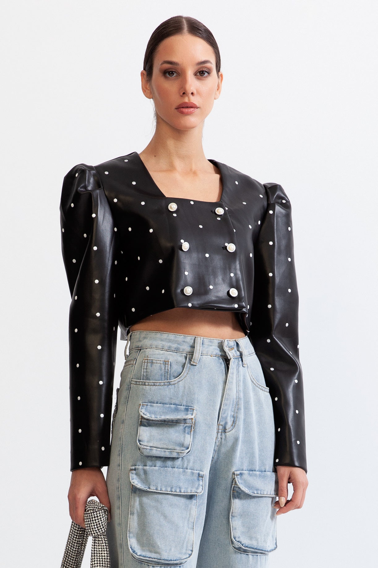 Vegan Leather Effect Dots Blazer - Black