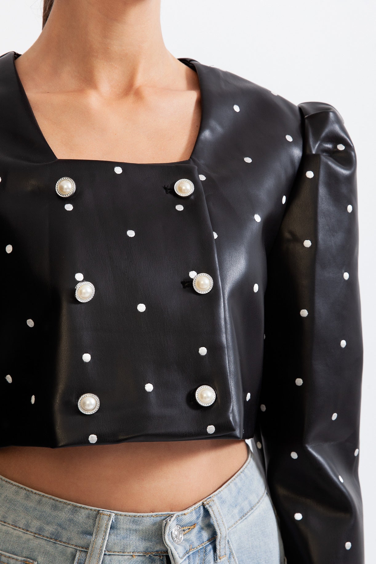 Vegan Leather Effect Dots Blazer - Black