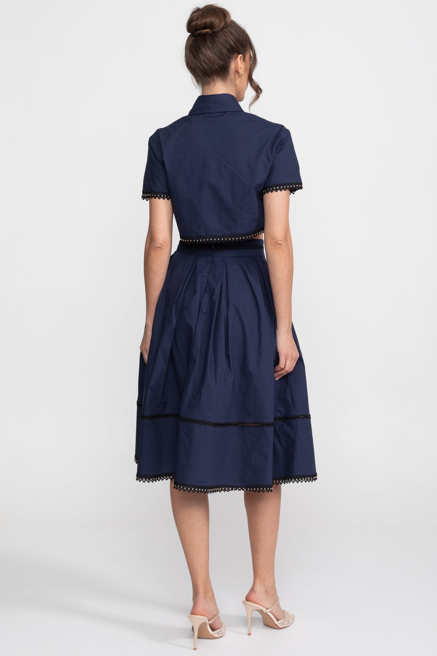 Broderie-Trim Cropped Shirt And Midi Skirt Co-Ord Set - Navy