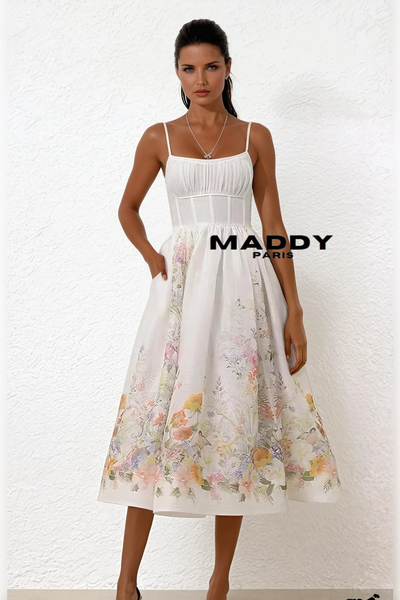 Alessandra Floral Linen & Silk Organza Corset Midi Dress  - White