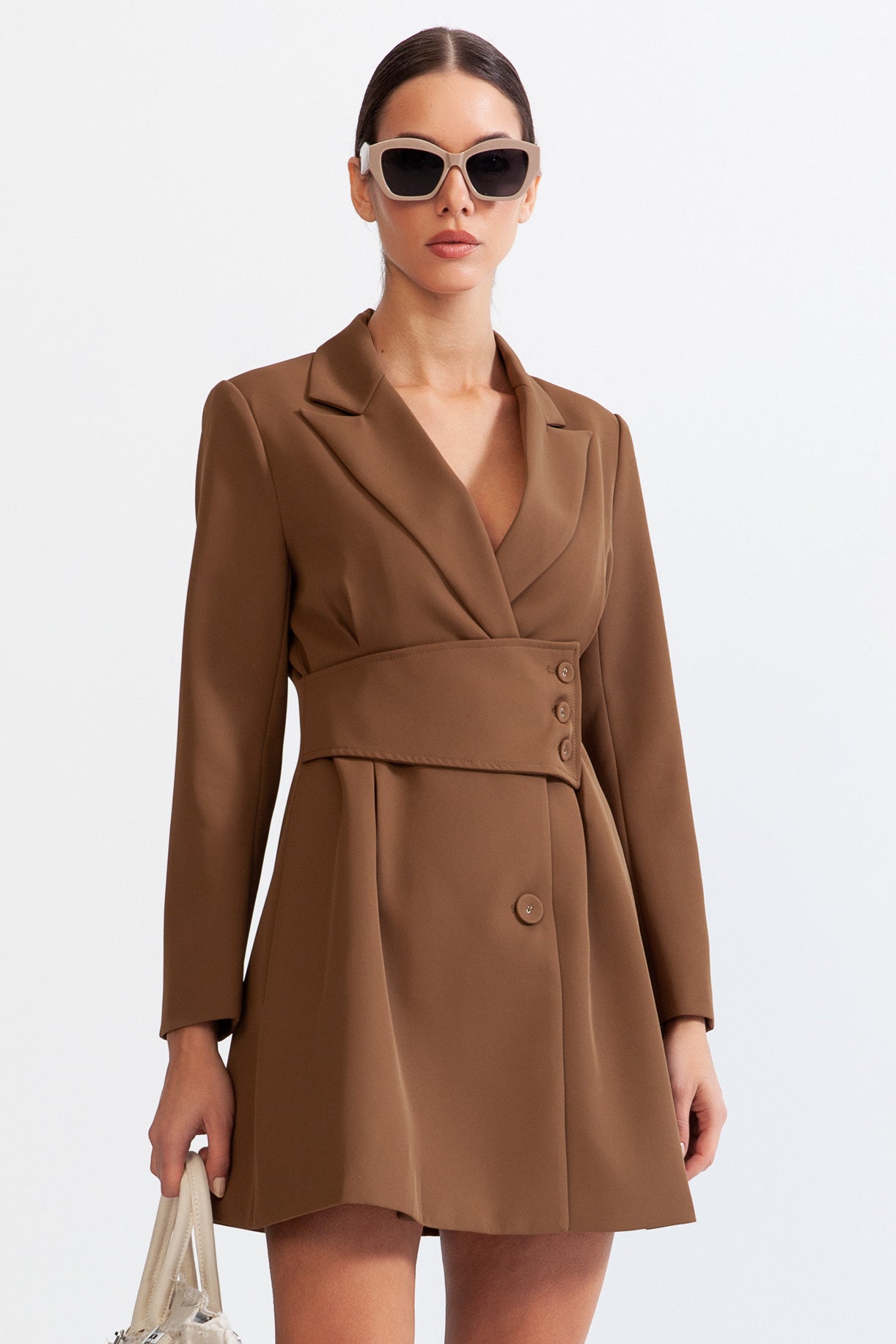 ARABELLA Blazer Type Mini Dress with Highlighted Waist - Brown