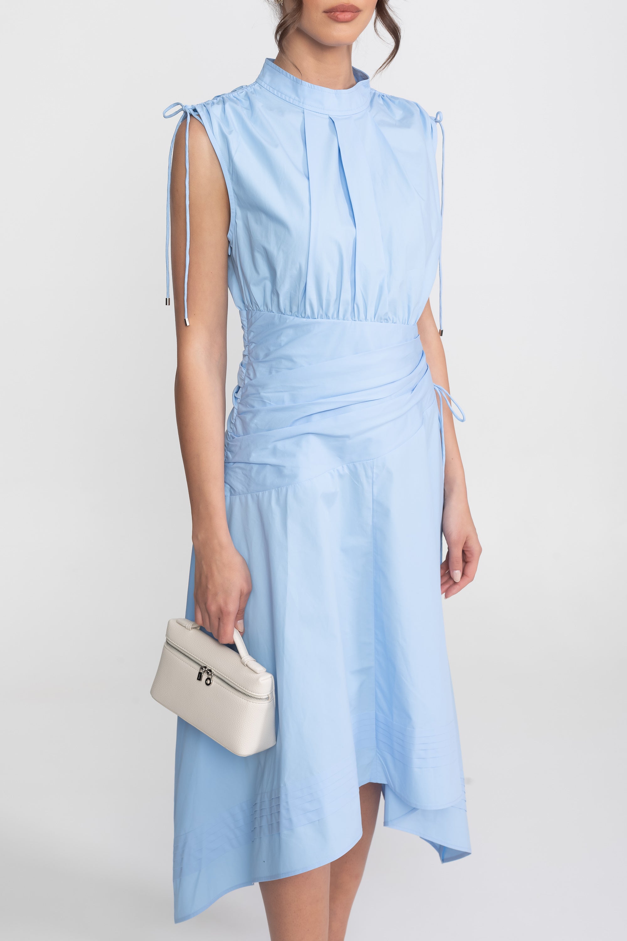 Sleeveless Asymmetric Midi Dress With Ruched Waist And Handkerchief Hem - Light Blue