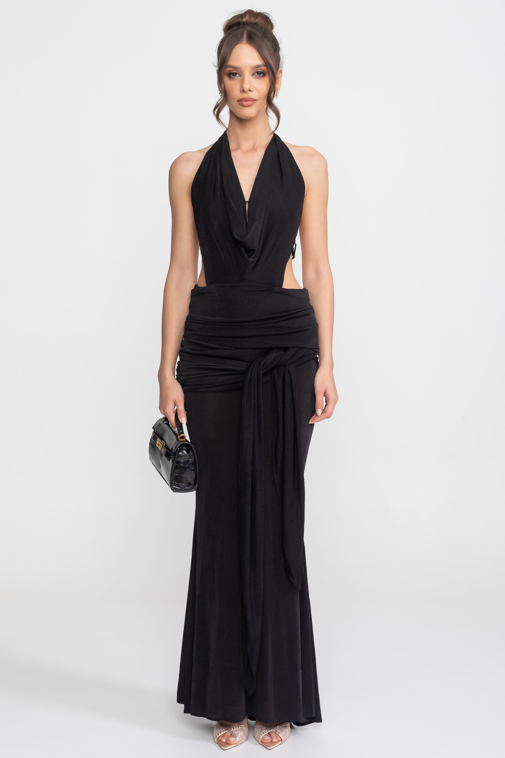 Draped Halter Gown With Ruched Side Tie Detail - Black