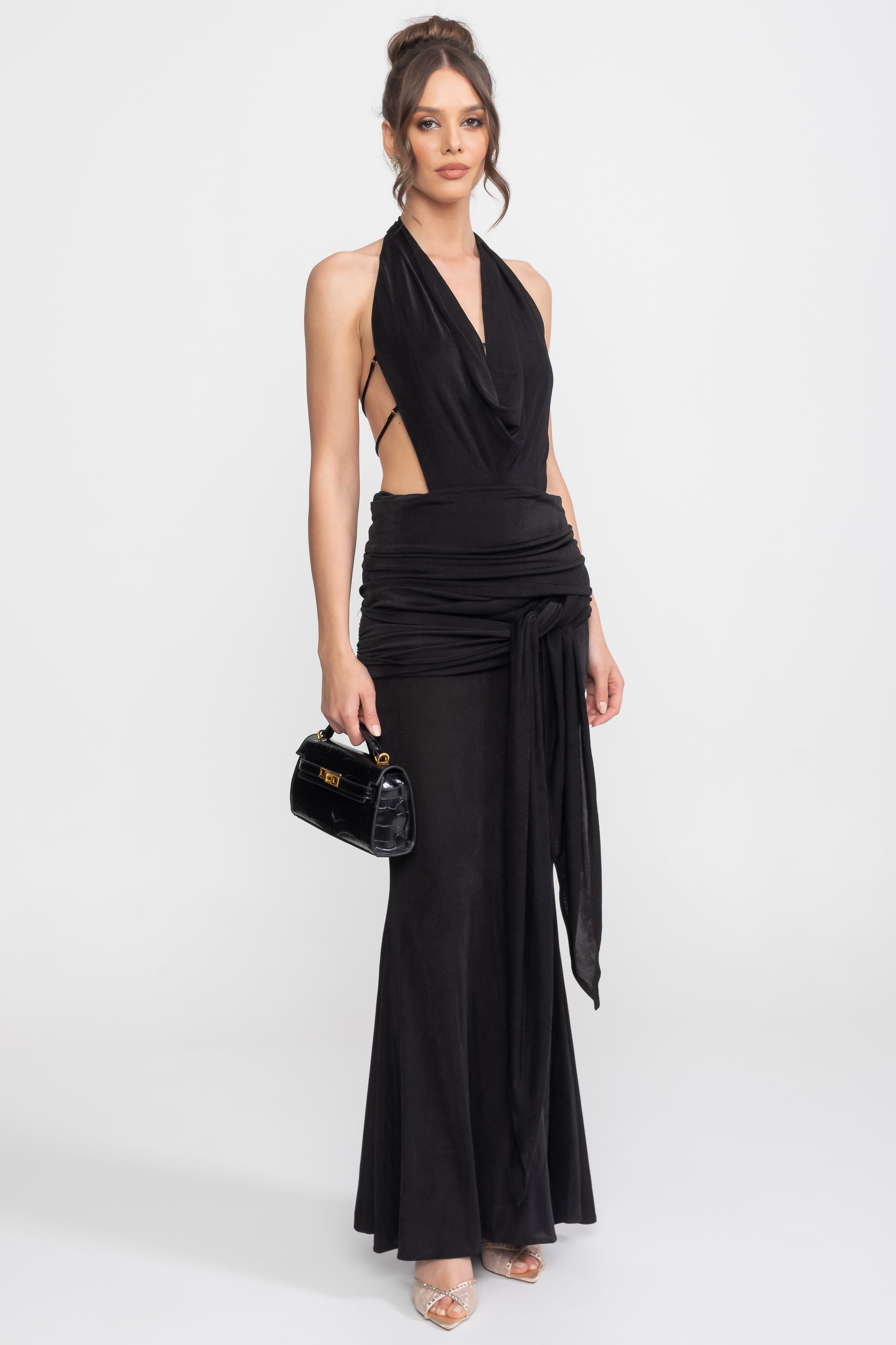 Draped Halter Gown With Ruched Side Tie Detail - Black Draped Halter Gown With Ruched Side Tie Detail - Black