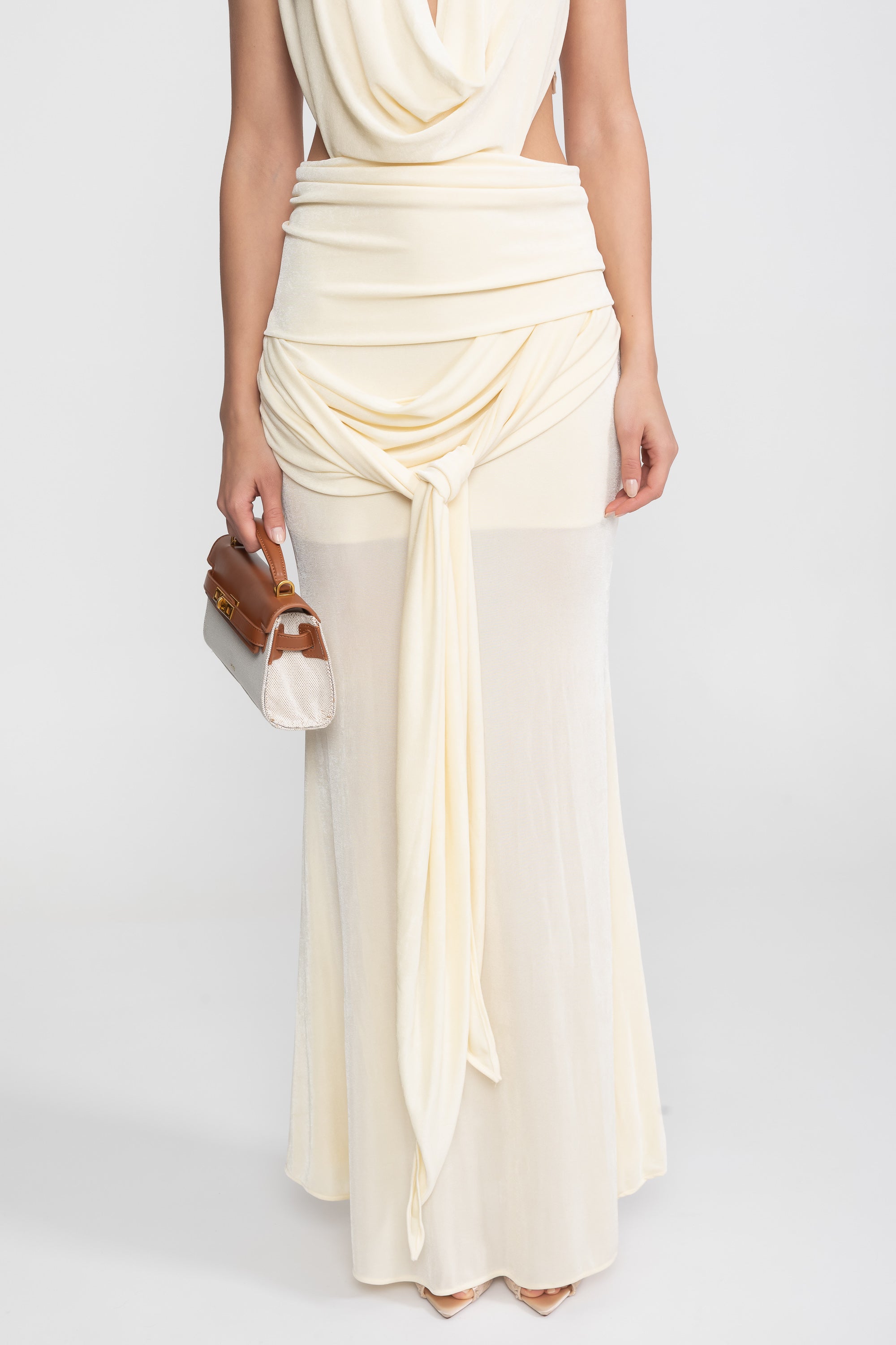Draped Halter Gown With Ruched Side Tie Detail - Ivoire