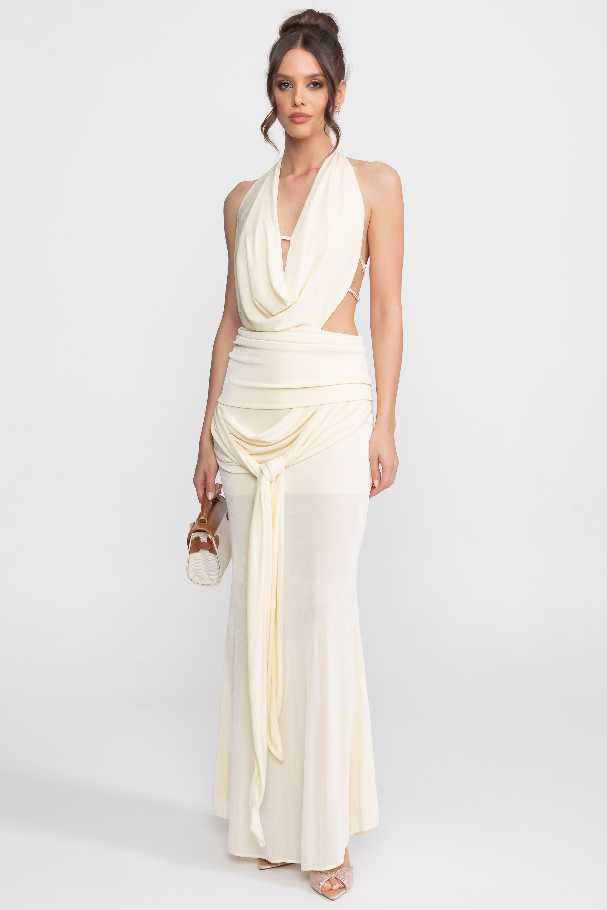 Draped Halter Gown With Ruched Side Tie Detail - Ivoire