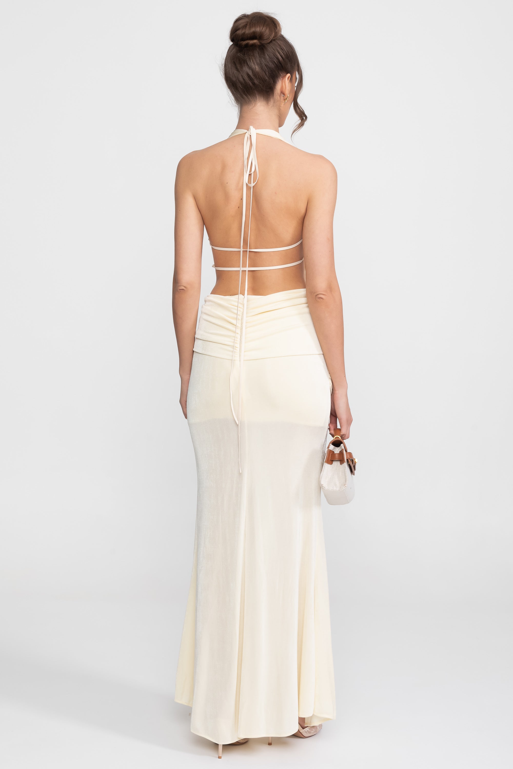 Draped Halter Gown With Ruched Side Tie Detail - Ivoire