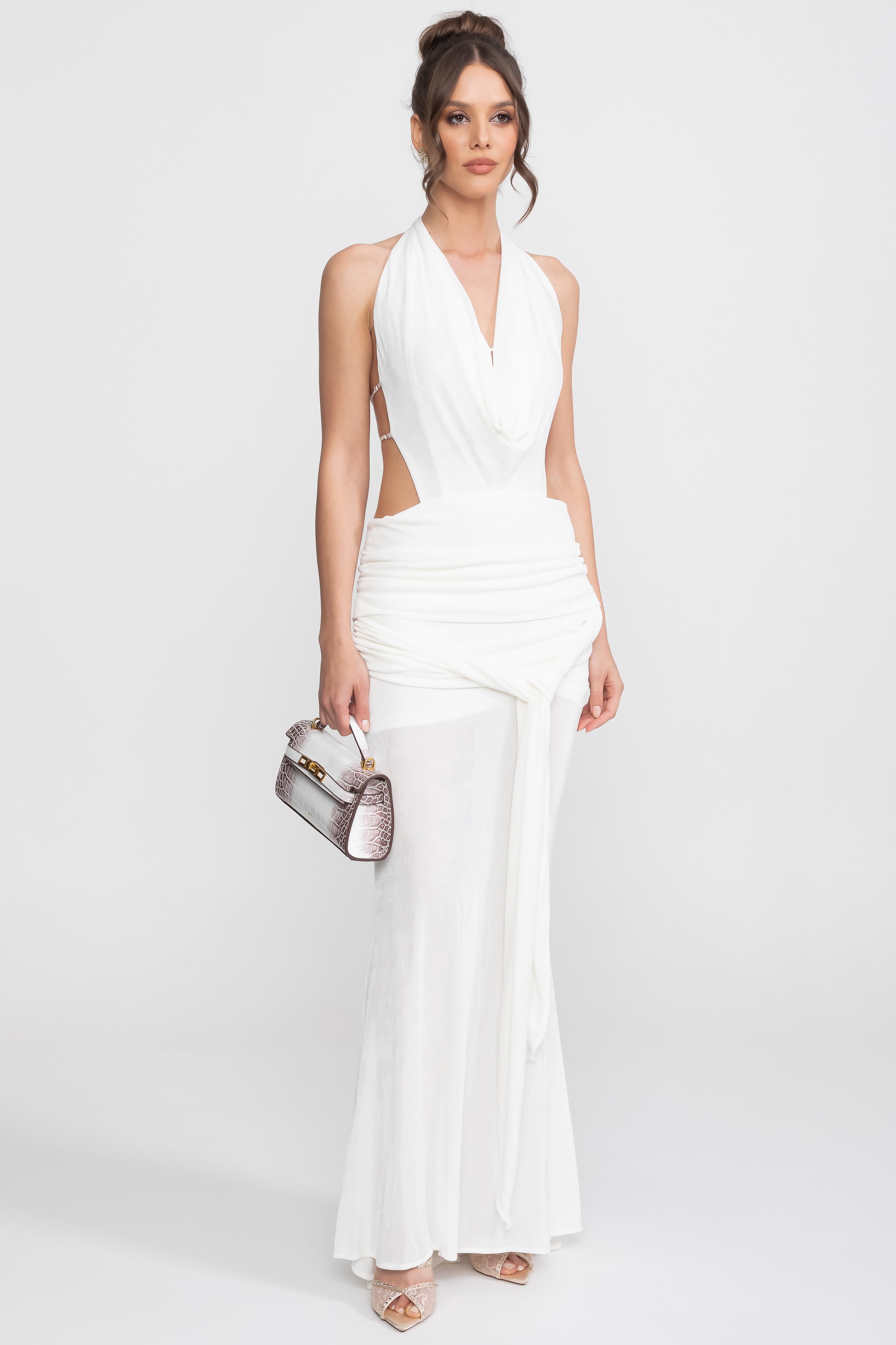 Draped Halter Gown With Ruched Side Tie Detail - White