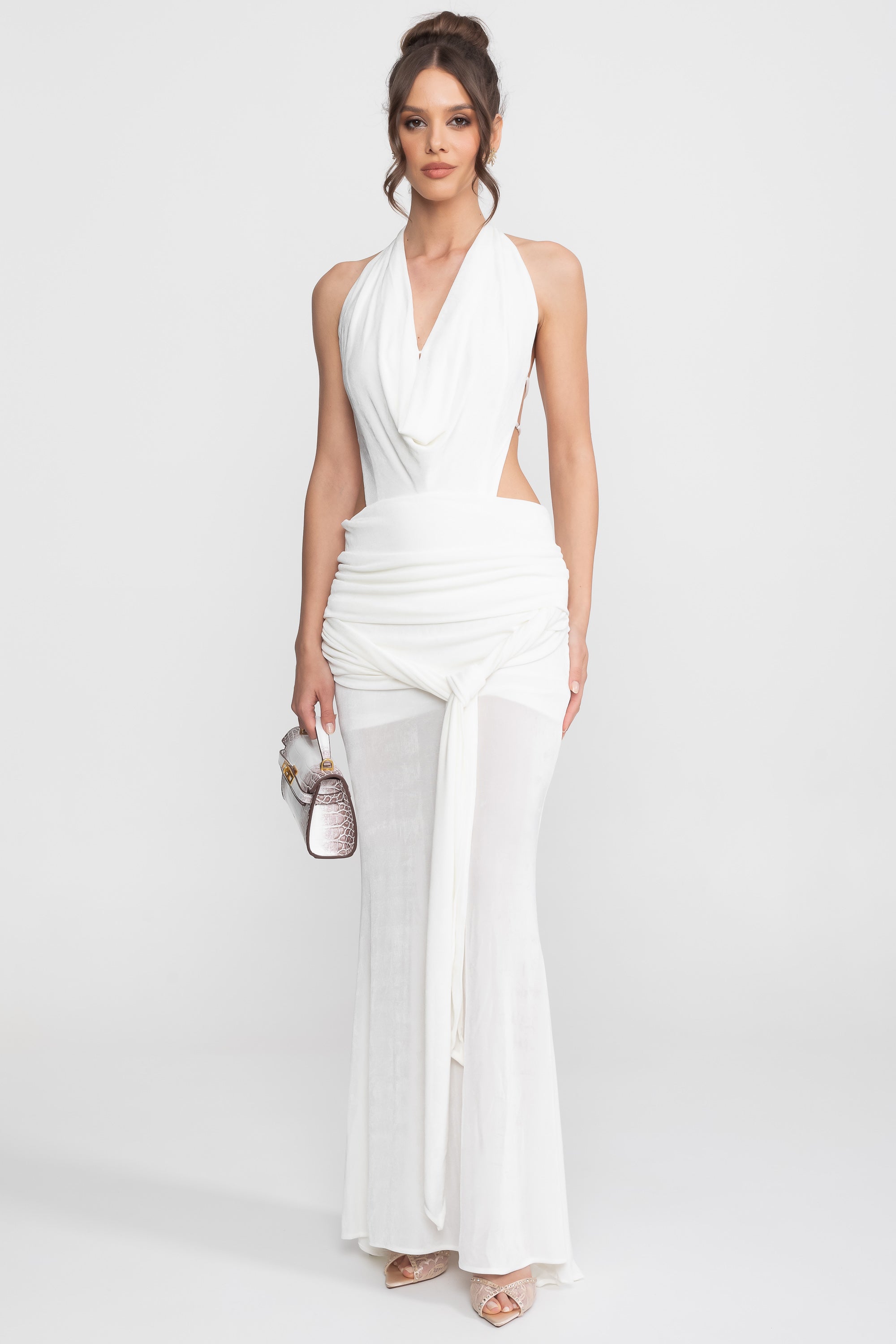 Draped Halter Gown With Ruched Side Tie Detail - White