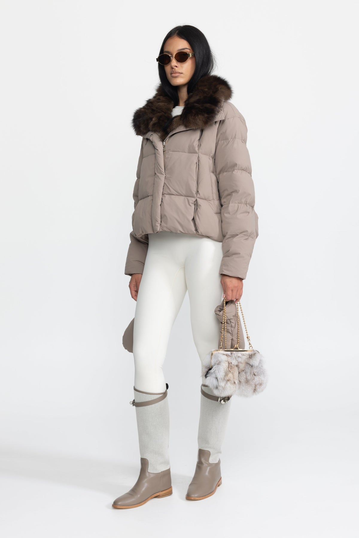 Aliénor Taupe Fox Fur Collar Cropped Down Puffer Jacket