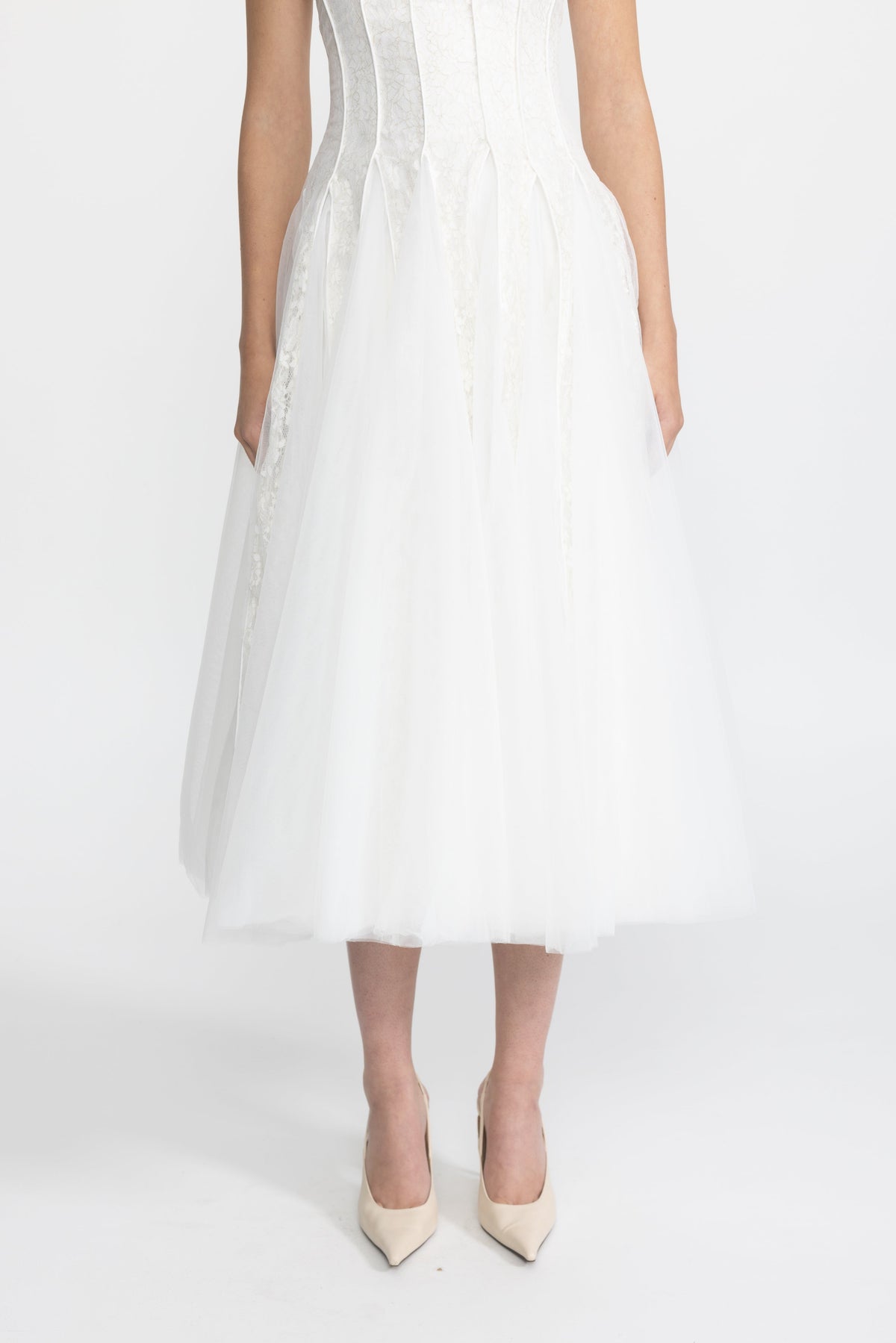 Églantine White Lace Panel Corset Tulle Midi Dress