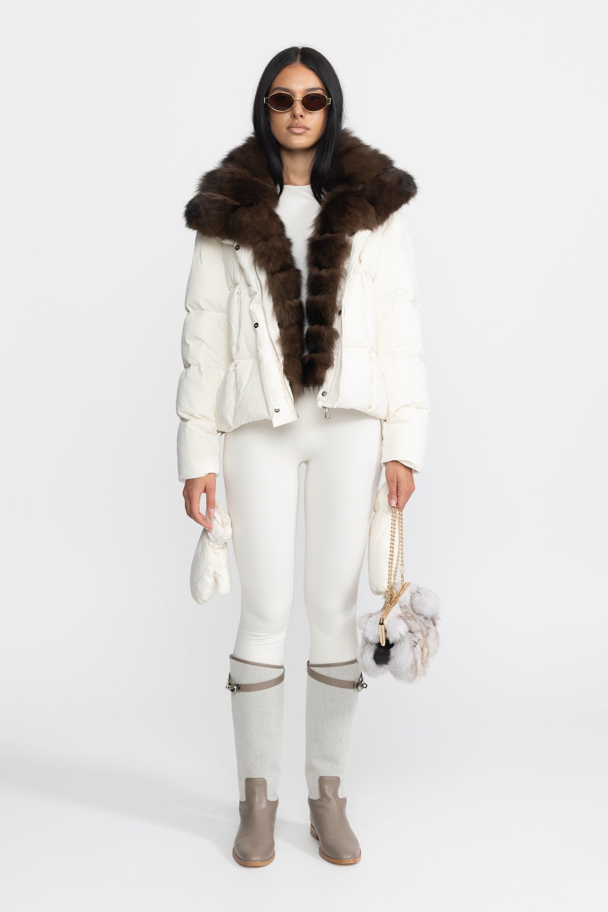 Aliénor Ivoire Fox Fur Collar Cropped Down Puffer Jacket