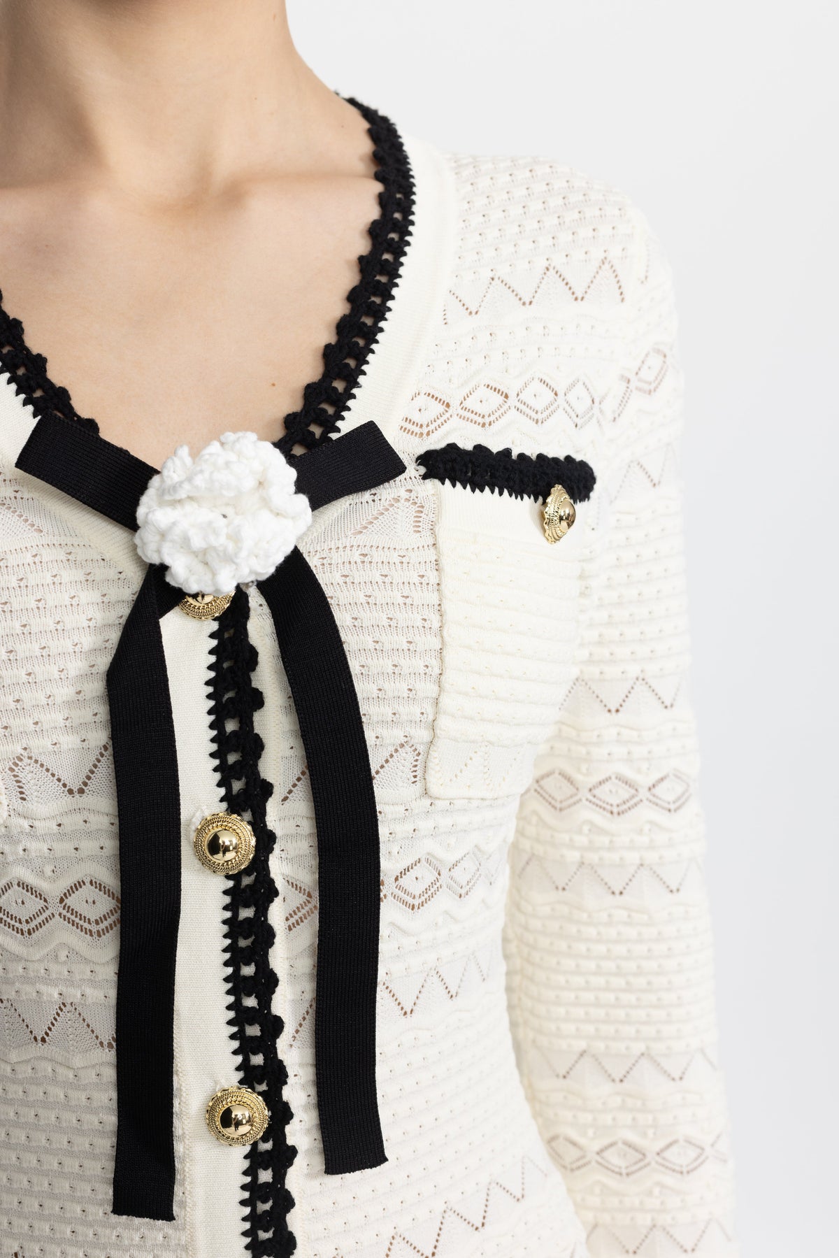Adeline Ivoire Crochet Trim Knit Button Midi Dress with Flower Brooch