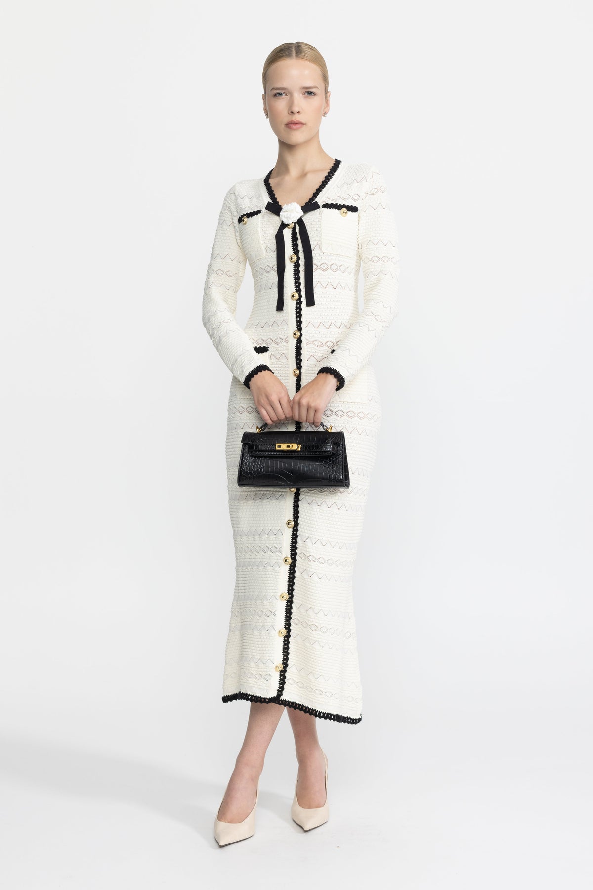 Adeline Ivoire Crochet Trim Knit Button Midi Dress with Flower Brooch