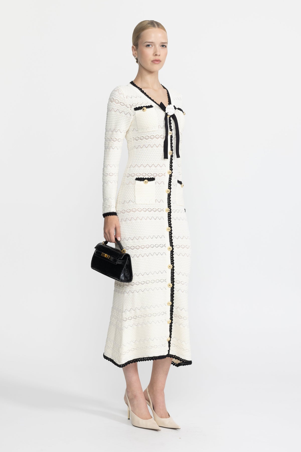 Adeline Ivoire Crochet Trim Knit Button Midi Dress with Flower Brooch