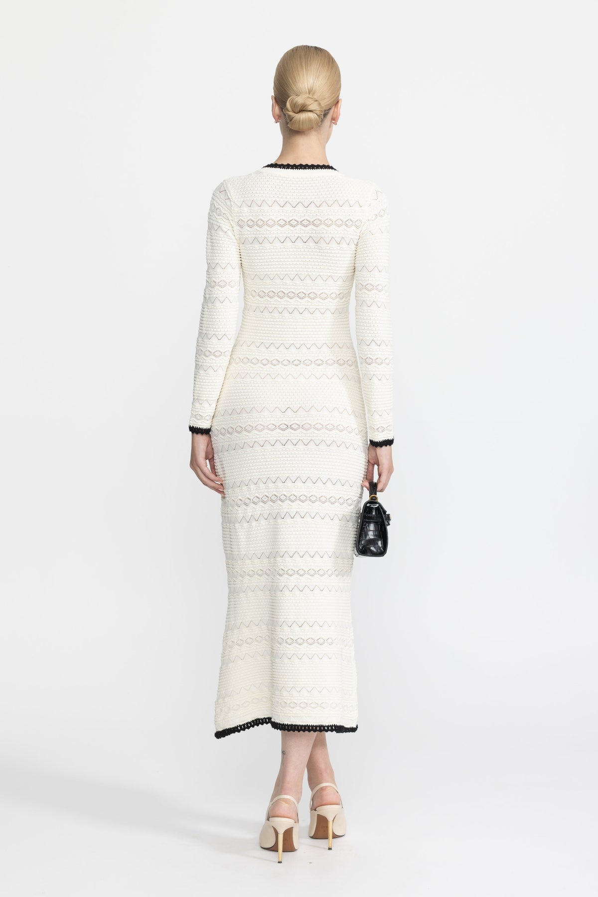 Adeline Ivoire Crochet Trim Knit Button Midi Dress with Flower Brooch