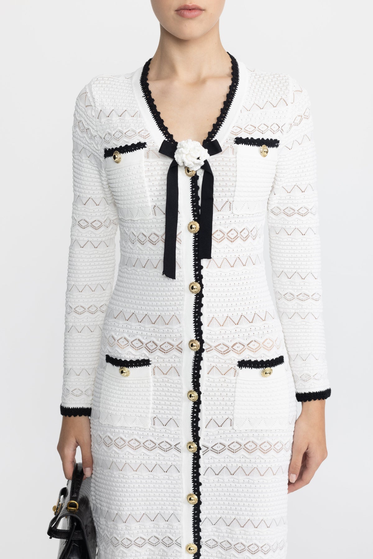 Adeline White Crochet Trim Knit Button Midi Dress with Flower Brooch