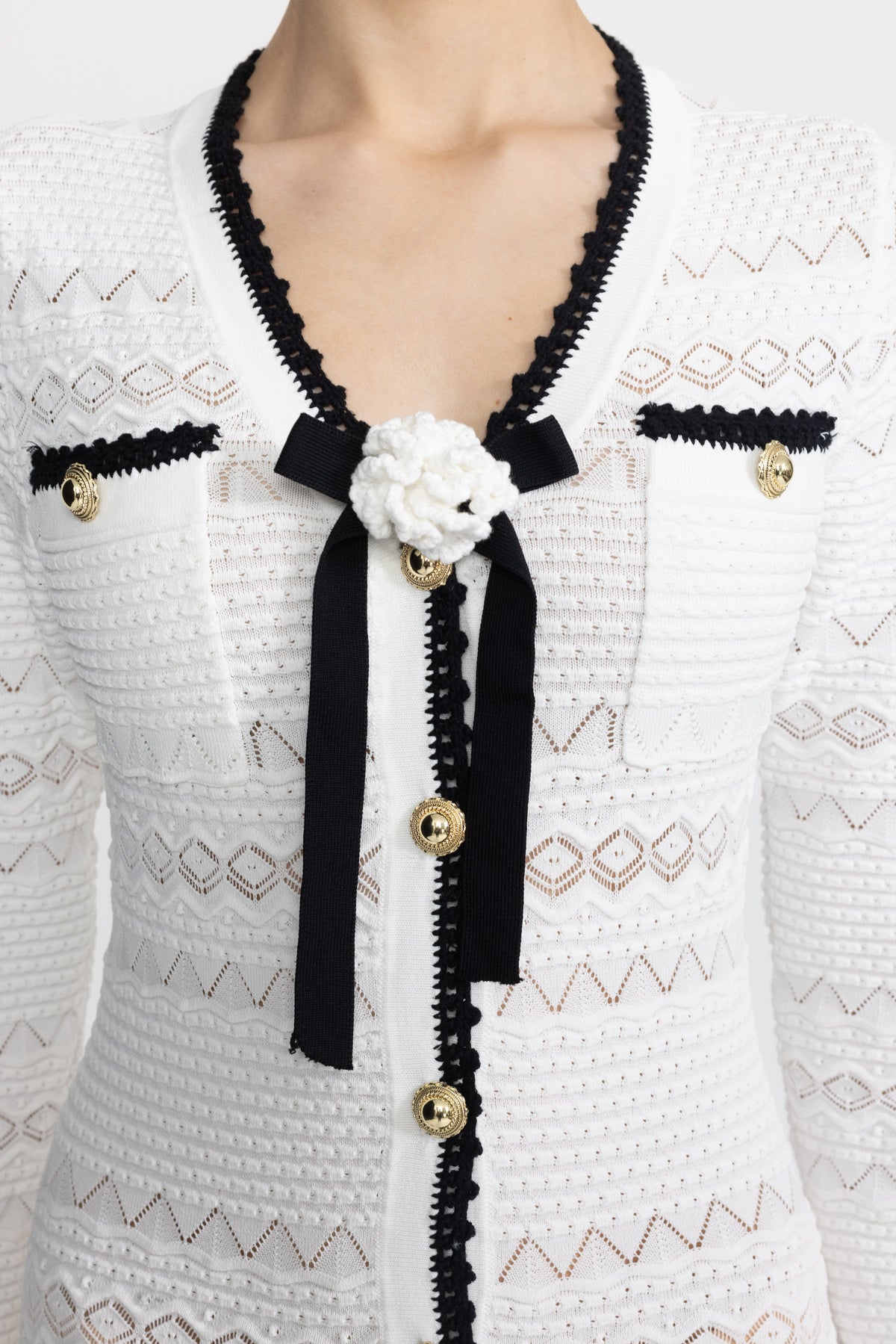 Adeline White Crochet Trim Knit Button Midi Dress with Flower Brooch