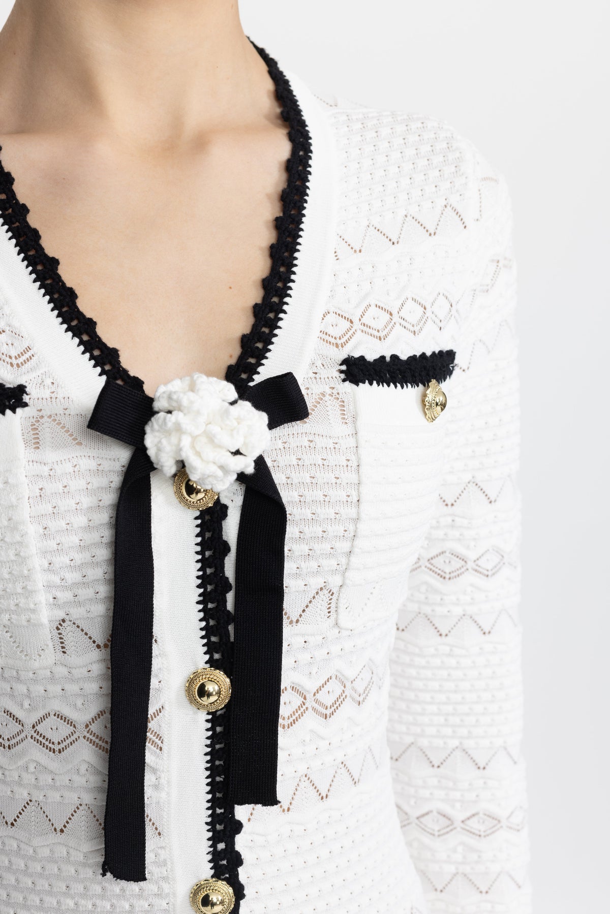 Adeline White Crochet Trim Knit Button Midi Dress with Flower Brooch