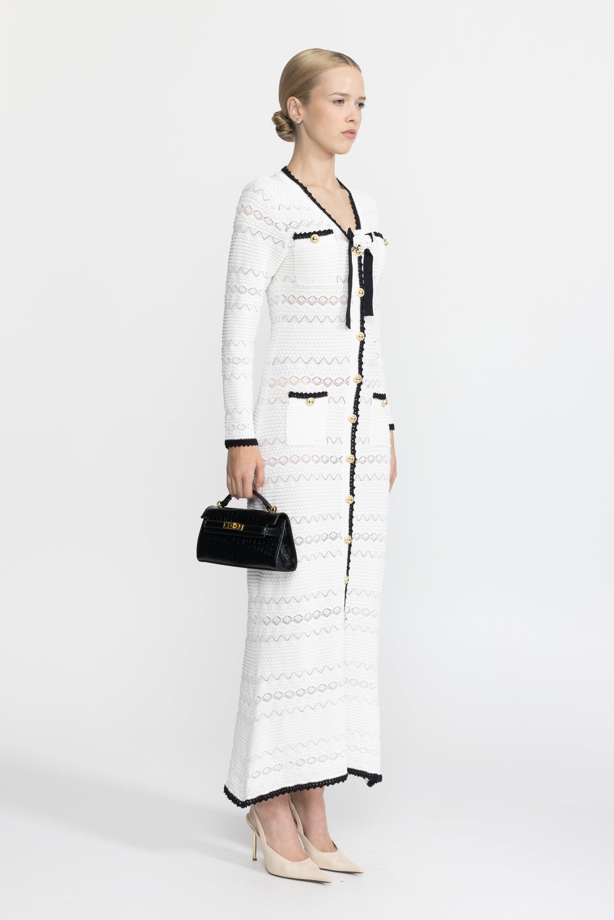 Adeline White Crochet Trim Knit Button Midi Dress with Flower Brooch