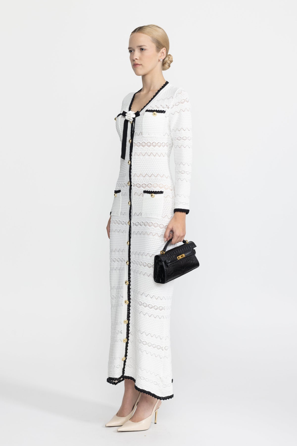 Adeline White Crochet Trim Knit Button Midi Dress with Flower Brooch